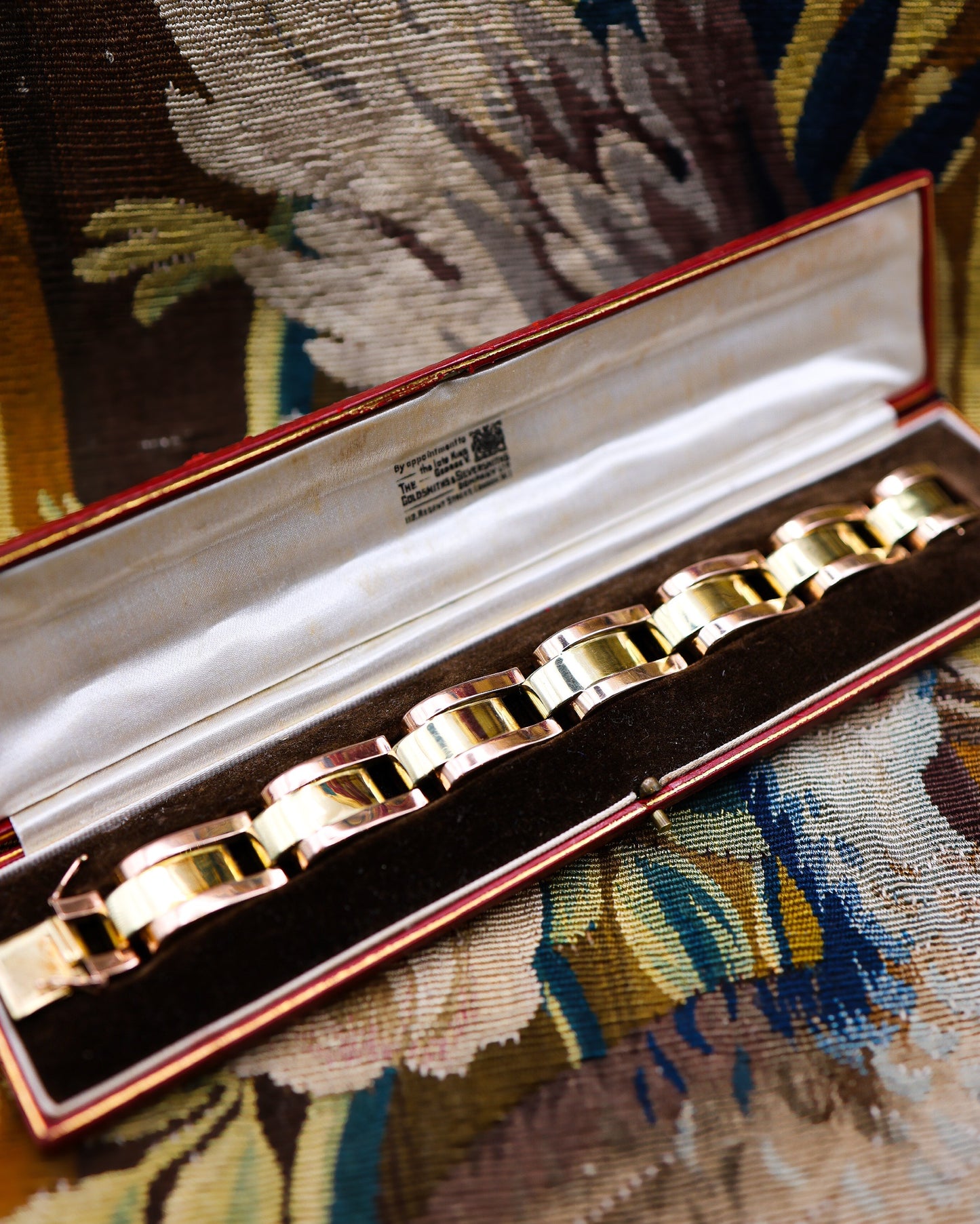 A very fine Antique 14 ct. (stamped 585),  Greenish Yellow & Pink Gold Art Deco Tank Style Bracelet, in it's original box. Circa 1939 - Robin Haydock Antiques
