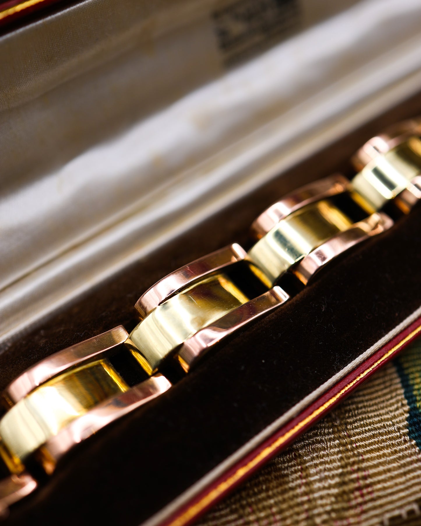 A very fine Antique 14 ct. (stamped 585),  Greenish Yellow & Pink Gold Art Deco Tank Style Bracelet, in it's original box. Circa 1939 - Robin Haydock Antiques