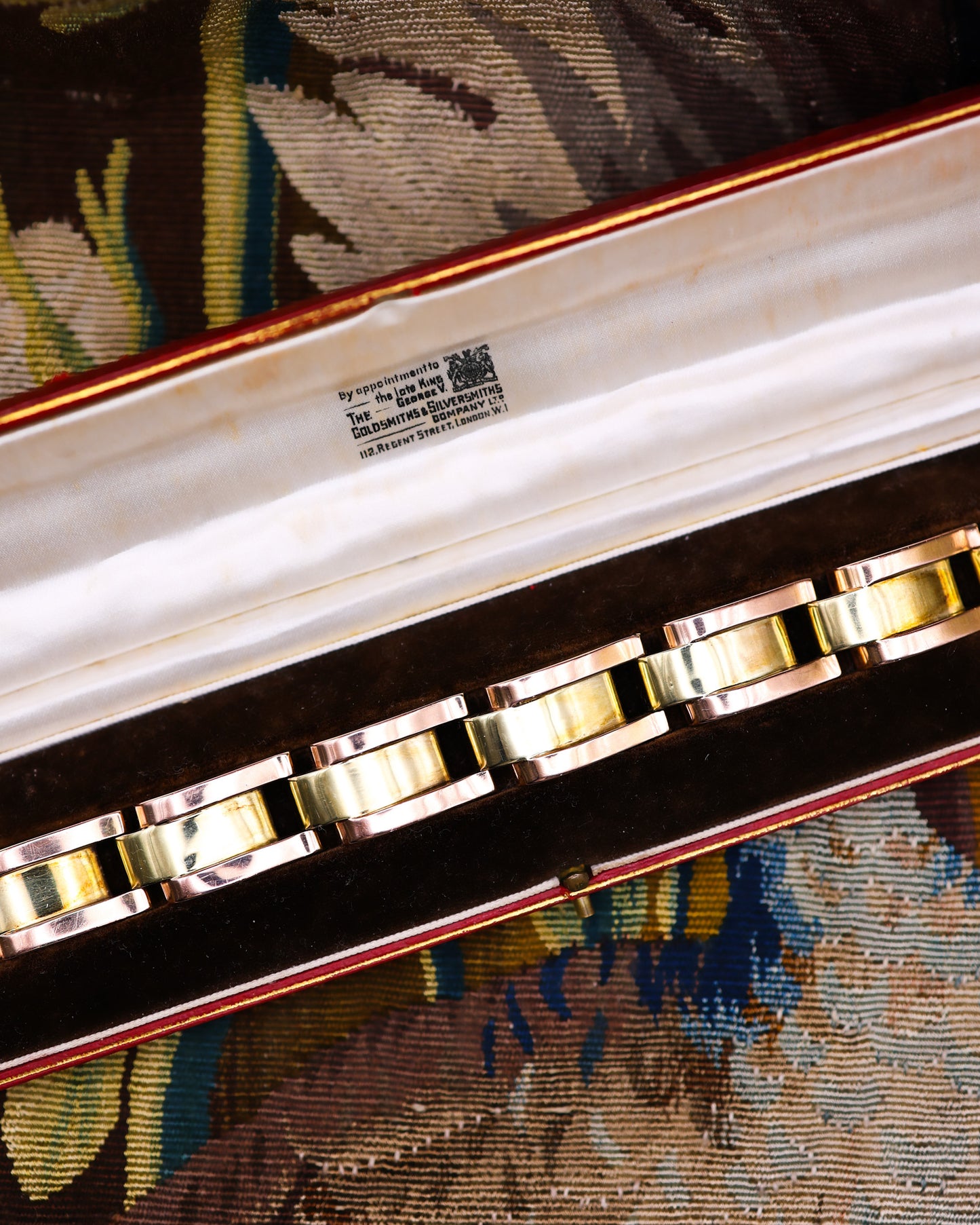 A very fine Antique 14 ct. (stamped 585),  Greenish Yellow & Pink Gold Art Deco Tank Style Bracelet, in it's original box. Circa 1939 - Robin Haydock Antiques