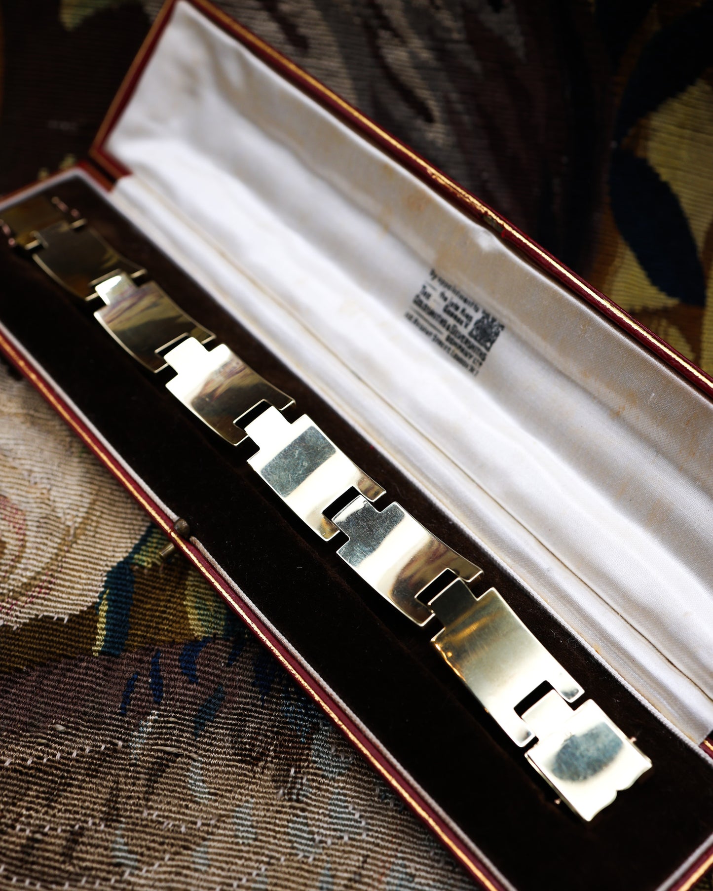 A very fine Antique 14 ct. (stamped 585),  Greenish Yellow & Pink Gold Art Deco Tank Style Bracelet, in it's original box. Circa 1939 - Robin Haydock Antiques