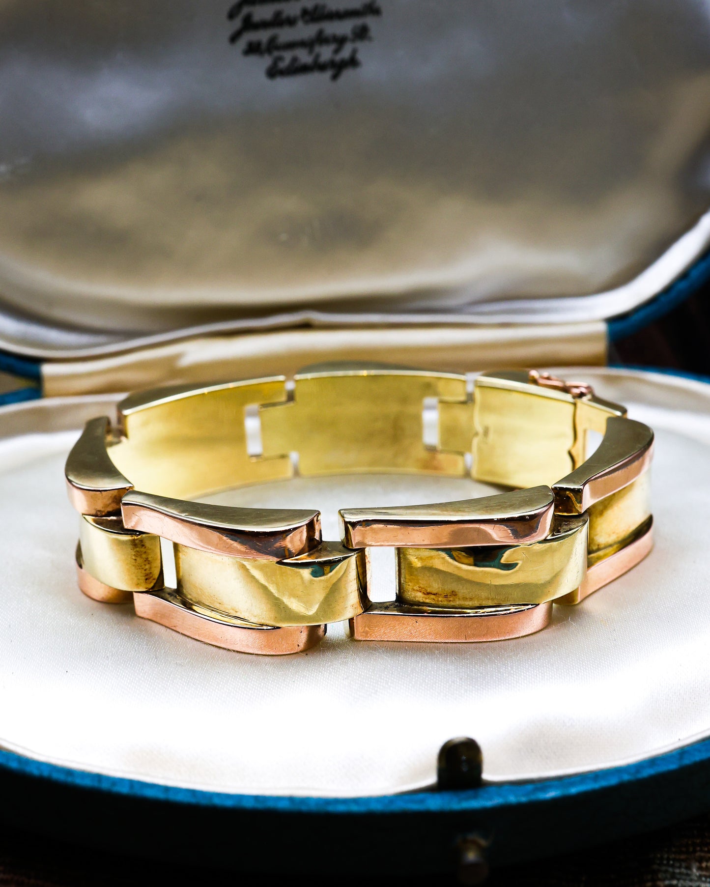 A very fine Antique 14 ct. (stamped 585),  Greenish Yellow & Pink Gold Art Deco Tank Style Bracelet, in it's original box. Circa 1939 - Robin Haydock Antiques