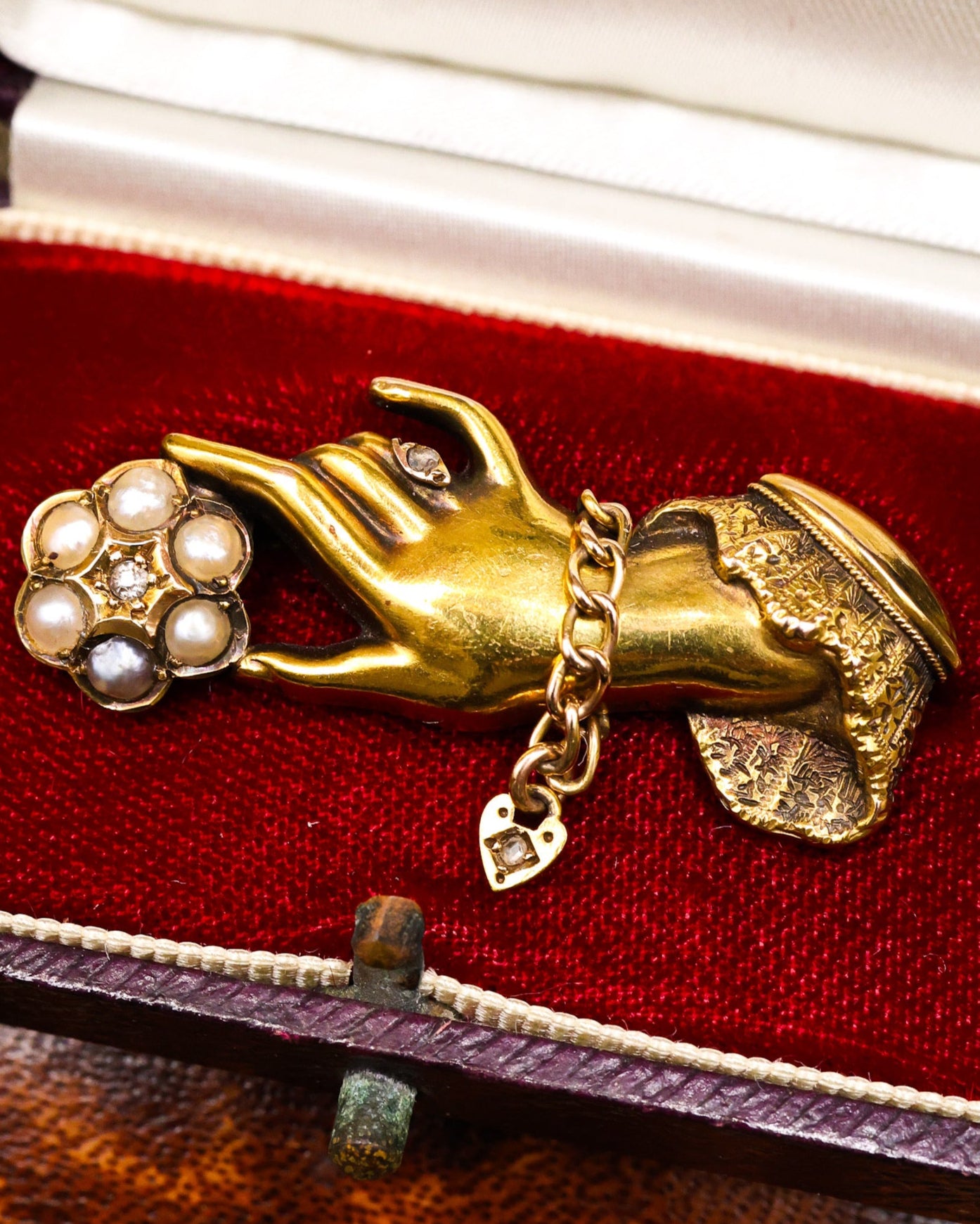 A very fine 15ct Yellow Gold Chester Hallmarked  Diamond & Natural Pearl Hand Brooch. Circa 1835 - 1900 - Robin Haydock Antiques