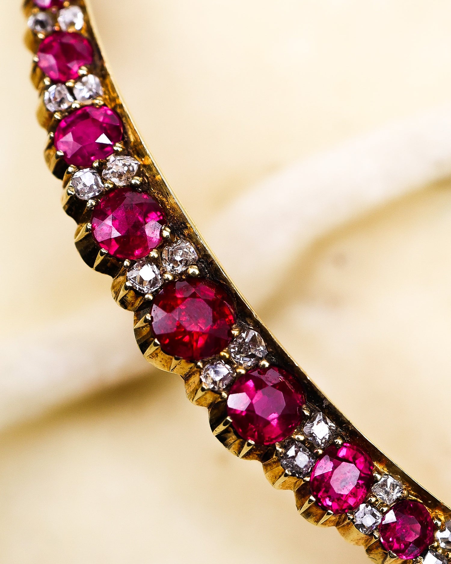 An exceptional Victorian 18ct. Yellow Gold (tested), Untreated Burma Ruby and Diamond Crescent Brooch. Circa 1890. - Robin Haydock Antiques