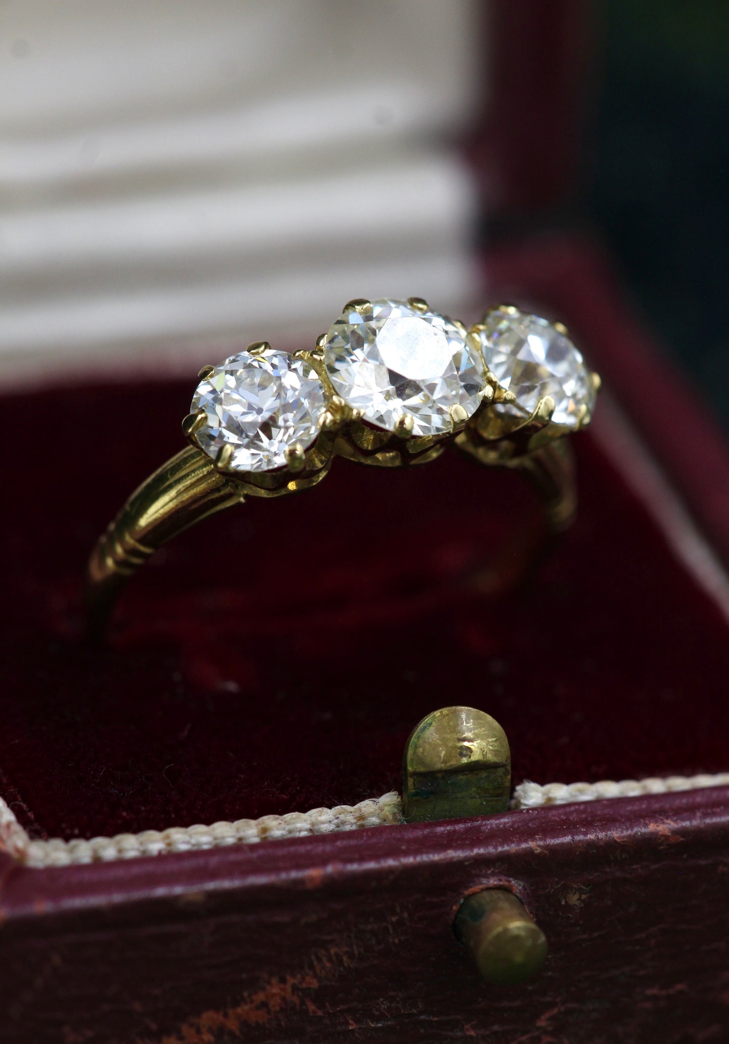 A very Fine Antique 18ct Yellow Gold 2.87 Carat, Three Stone Diamond Engagement Ring Circa 1900 - Robin Haydock Antiques