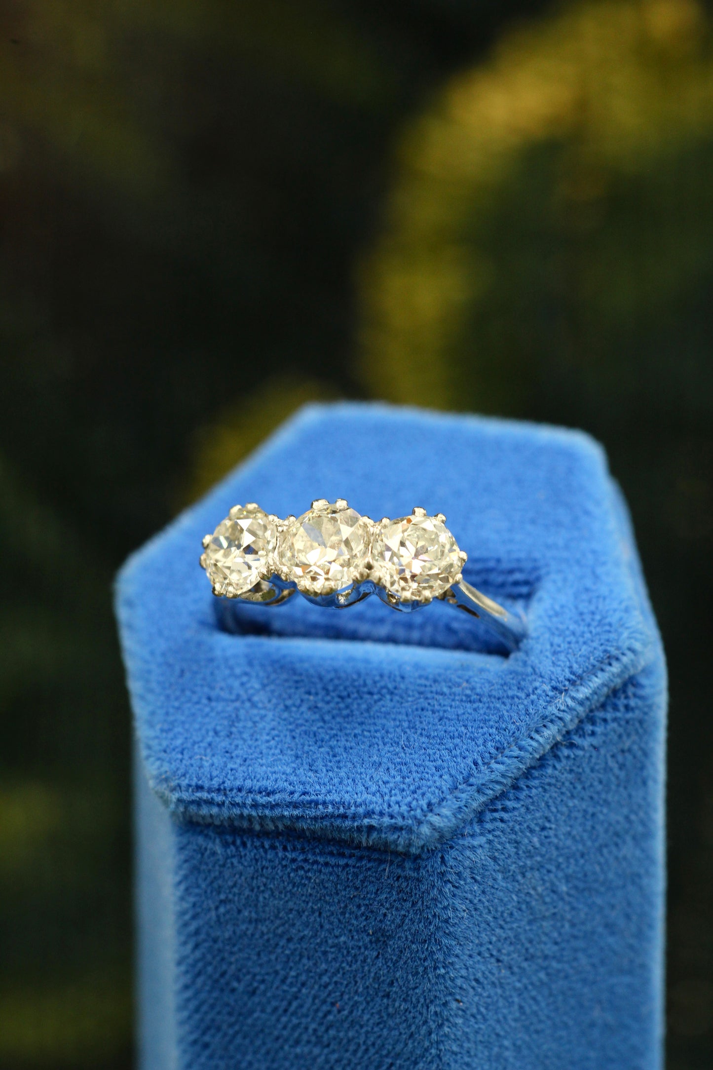 A very fine 18 carat White Gold (stamped), Three Stone Engagement Ring set with 2.25 Carats of Old Cut E - F Colour, VS Clarity Diamonds. Pre-owned. - Robin Haydock Antiques