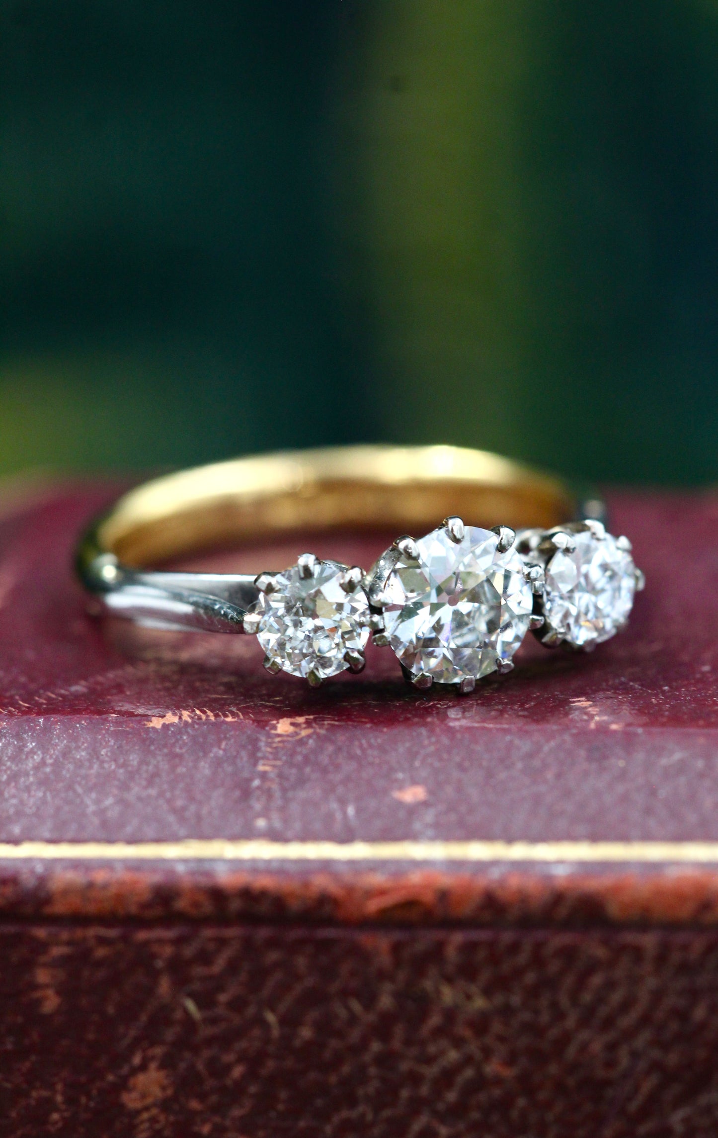 An  exceptional 1.27 Carat, F Colour, Old European Cut, Three Stone Diamond Ring, in Platinum Tipped 22 ct. Yellow Gold (Marked). - Robin Haydock Antiques