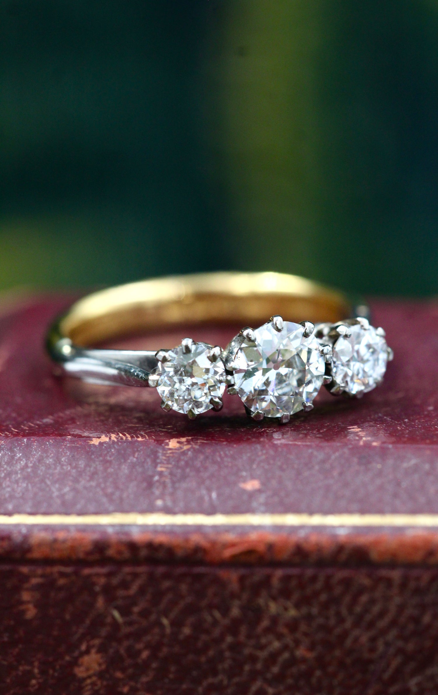 An  exceptional 1.27 Carat, F Colour, Old European Cut, Three Stone Diamond Ring, in Platinum Tipped 22 ct. Yellow Gold (Marked). - Robin Haydock Antiques