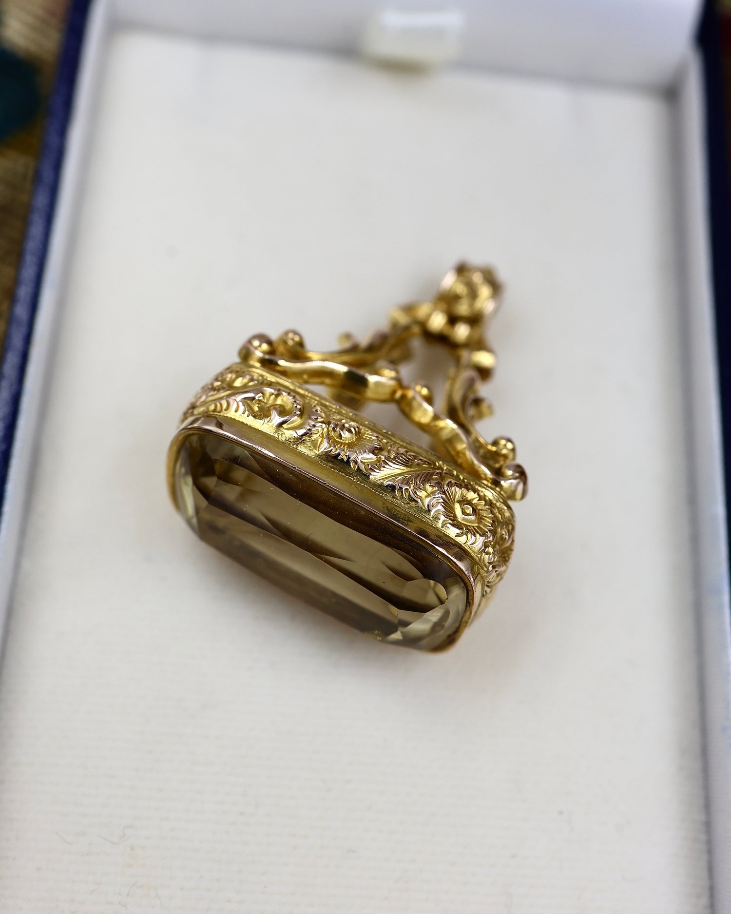 A very fine 9ct yellow Gold Citrine set Seal (marked) on a Silk band with Gold Buckle , 1908 - 1909 - Robin Haydock Antiques