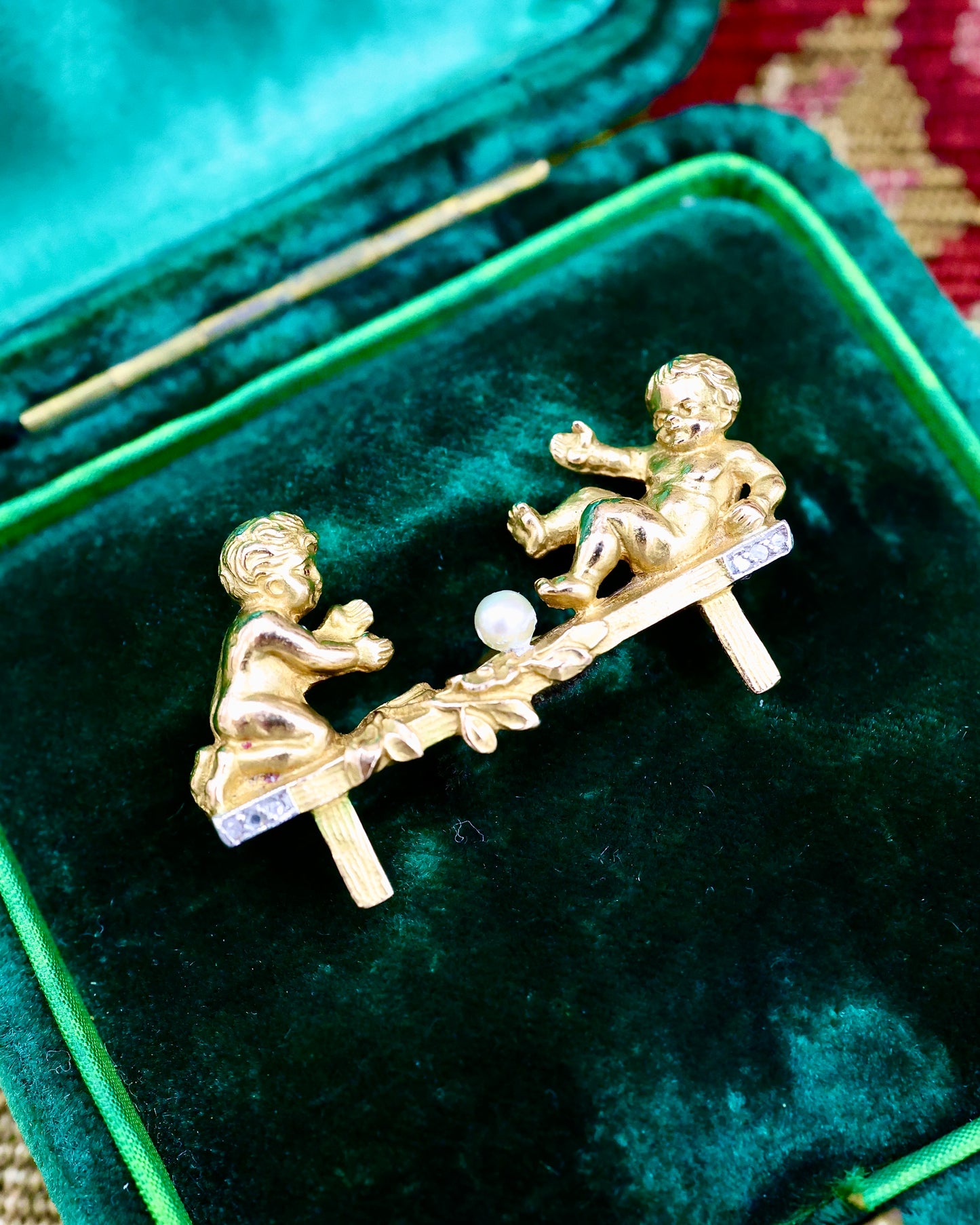 A very fine 18ct Yellow Gold (stamped), Natural Seed Pearl & Diamond Cherub Brooch. Circa 1890 - Robin Haydock Antiques