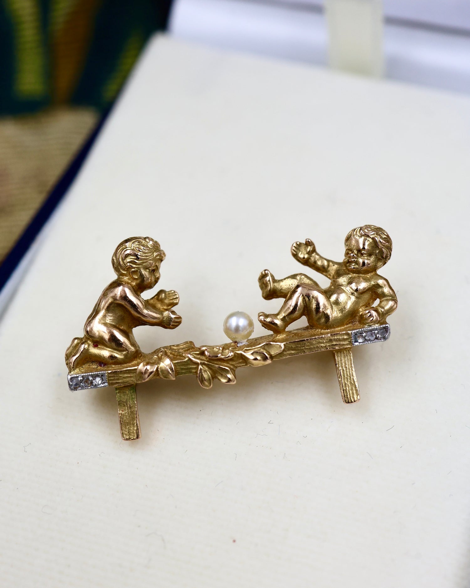 A very fine 18ct Yellow Gold (stamped), Natural Seed Pearl & Diamond Cherub Brooch. Circa 1890 - Robin Haydock Antiques