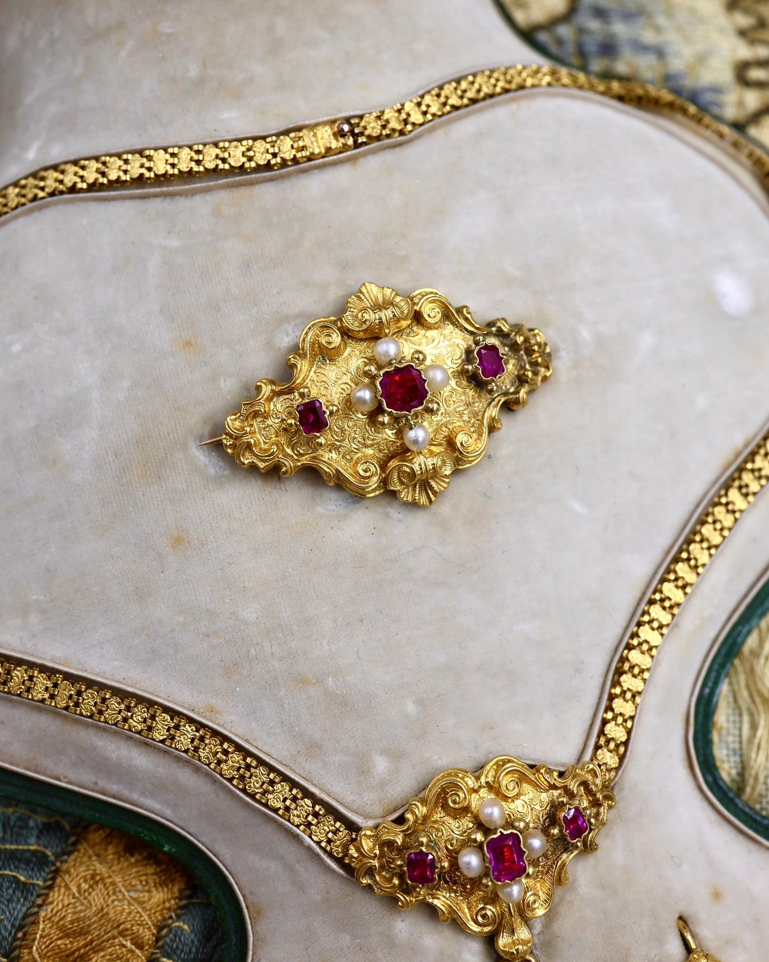 A Beautiful example of a very fine Antique 18ct Yellow Gold, Untreated Burmese Ruby and Seed Pearl, French Parure in the original box. Circa 1825 - Robin Haydock Antiques