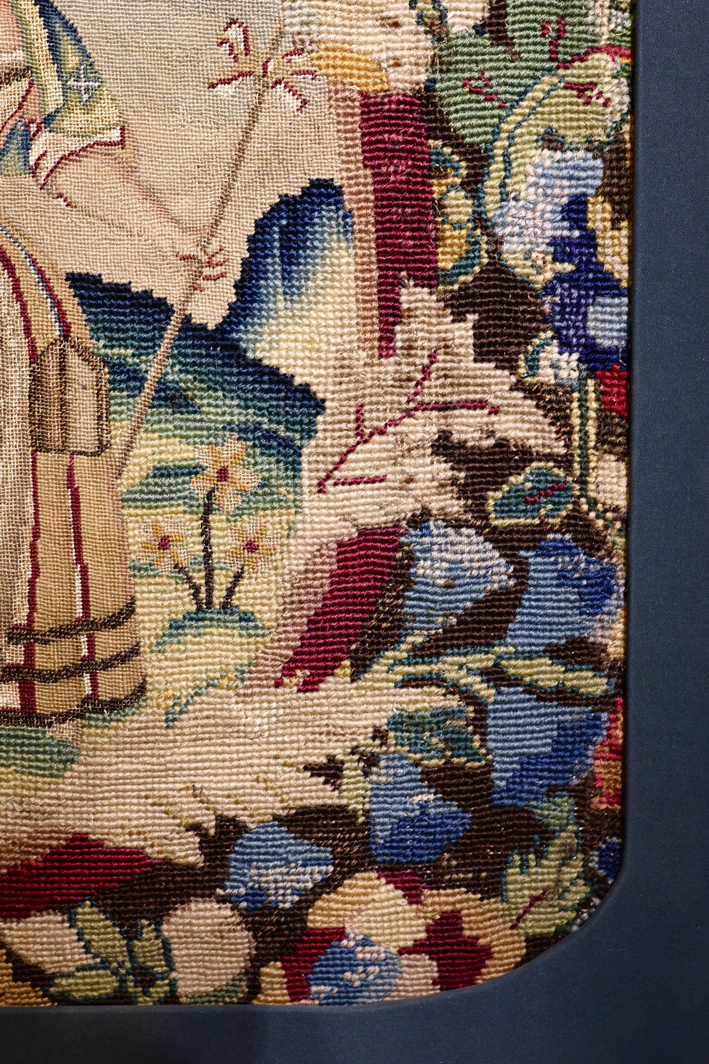 A very finely Embroidered Gros and Petit Point, Silk and Wool, Embroidered Panel "Shepherd & Shepherdess", previously a chair back rest.   French. Circa 1740 - 1750, (later frame & mount) - Robin Haydock Antiques