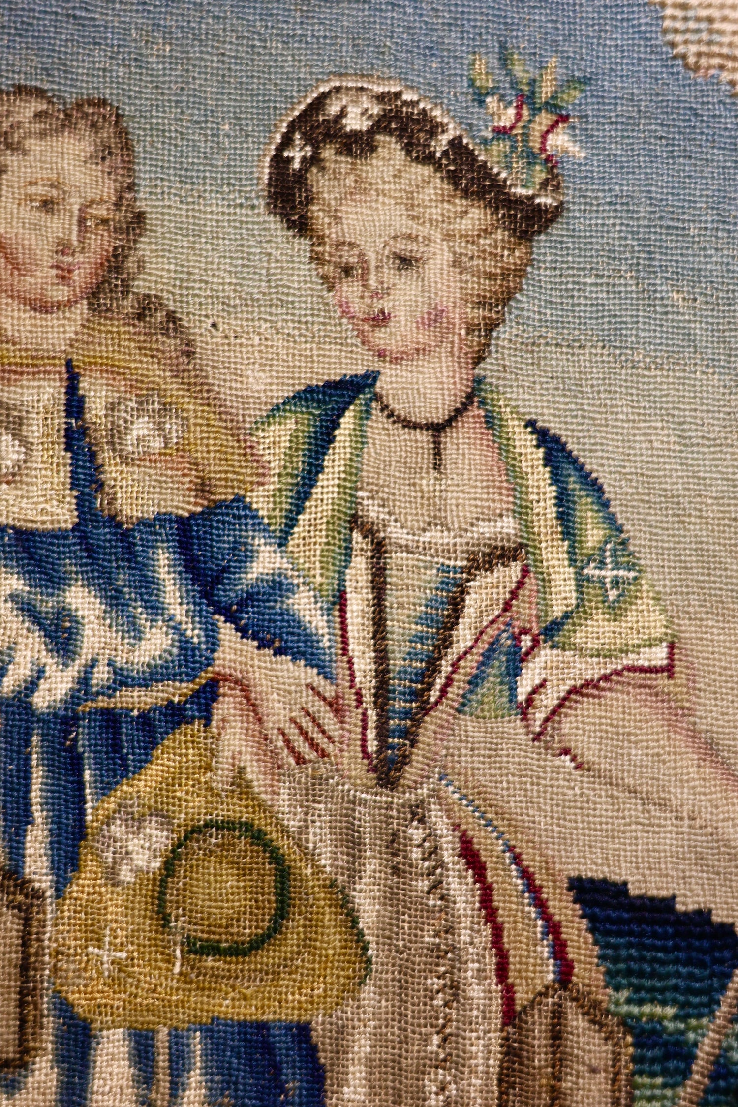 A very finely Embroidered Gros and Petit Point, Silk and Wool, Embroidered Panel "Shepherd & Shepherdess", previously a chair back rest.   French. Circa 1740 - 1750, (later frame & mount) - Robin Haydock Antiques