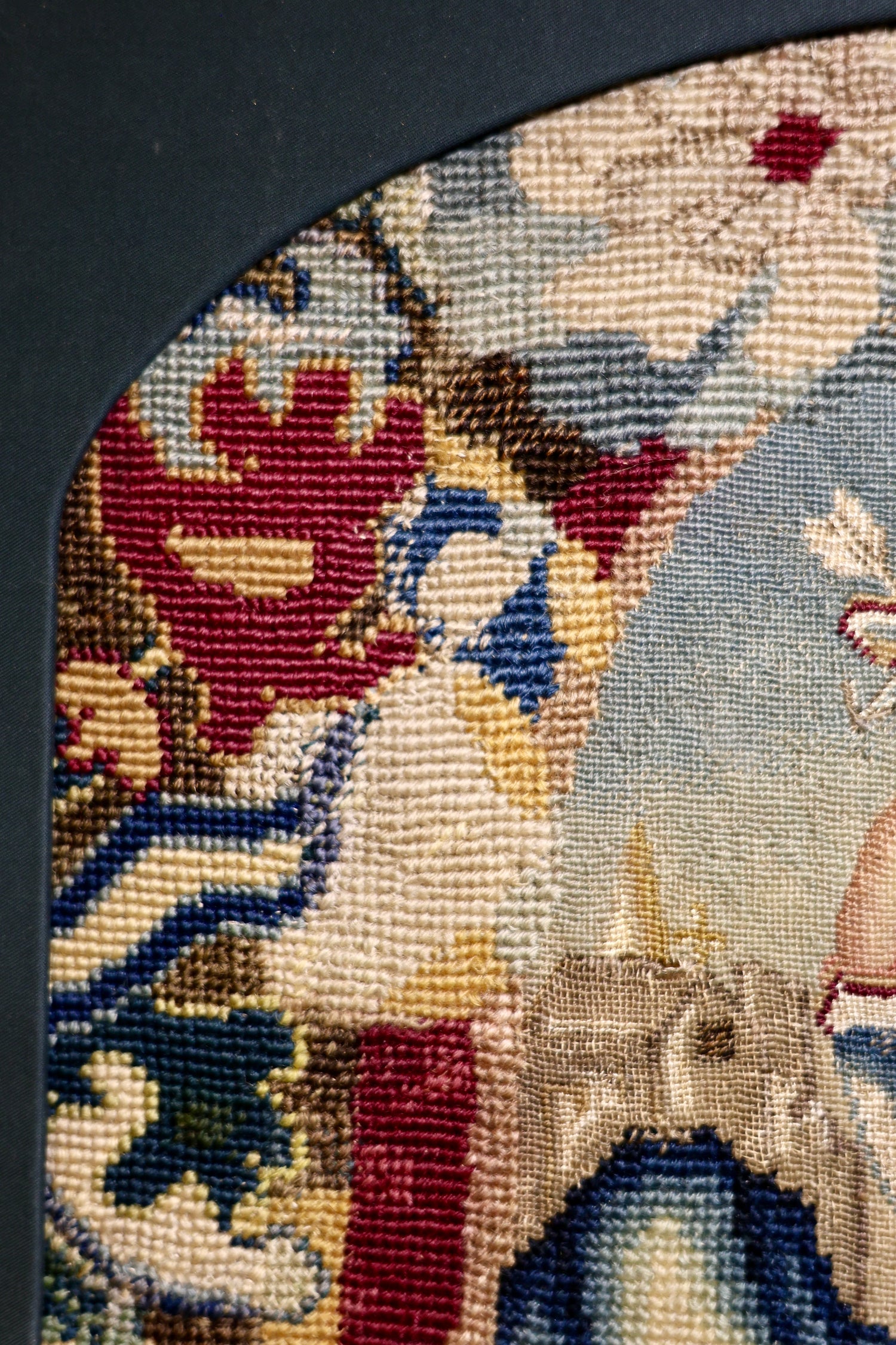 A very finely Embroidered Gros and Petit Point, Silk and Wool, Embroidered Panel "Shepherd & Shepherdess", previously a chair back rest.   French. Circa 1740 - 1750, (later frame & mount) - Robin Haydock Antiques