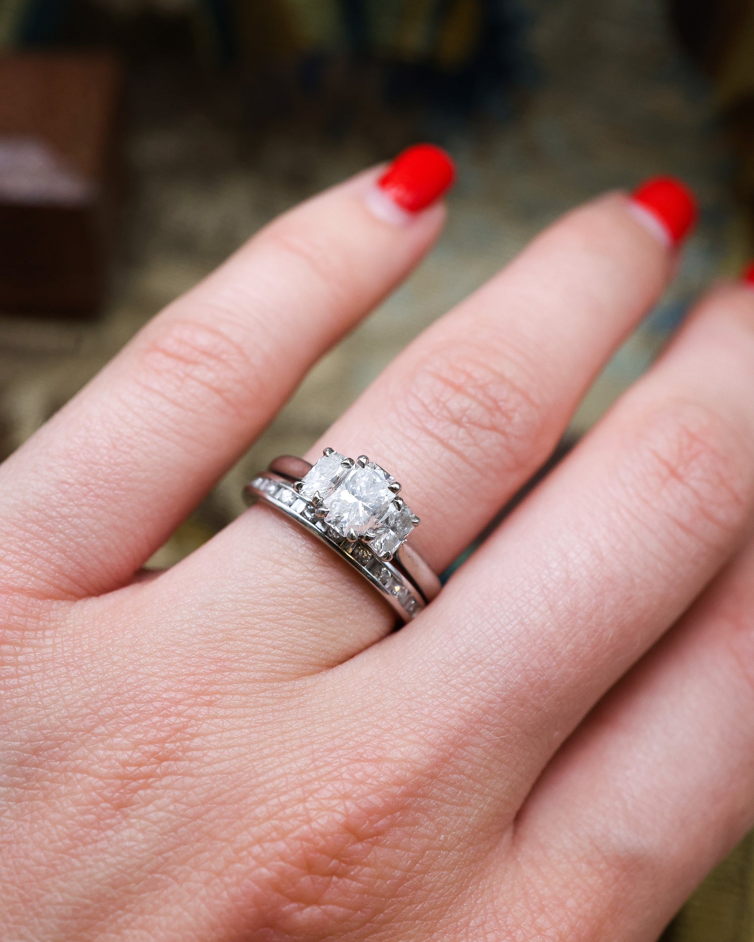 Platinum, Phoenix Cut, Three Stone Diamond Ring with the option of a matching Eternity Ring, Preowned - Robin Haydock Antique Jewellery