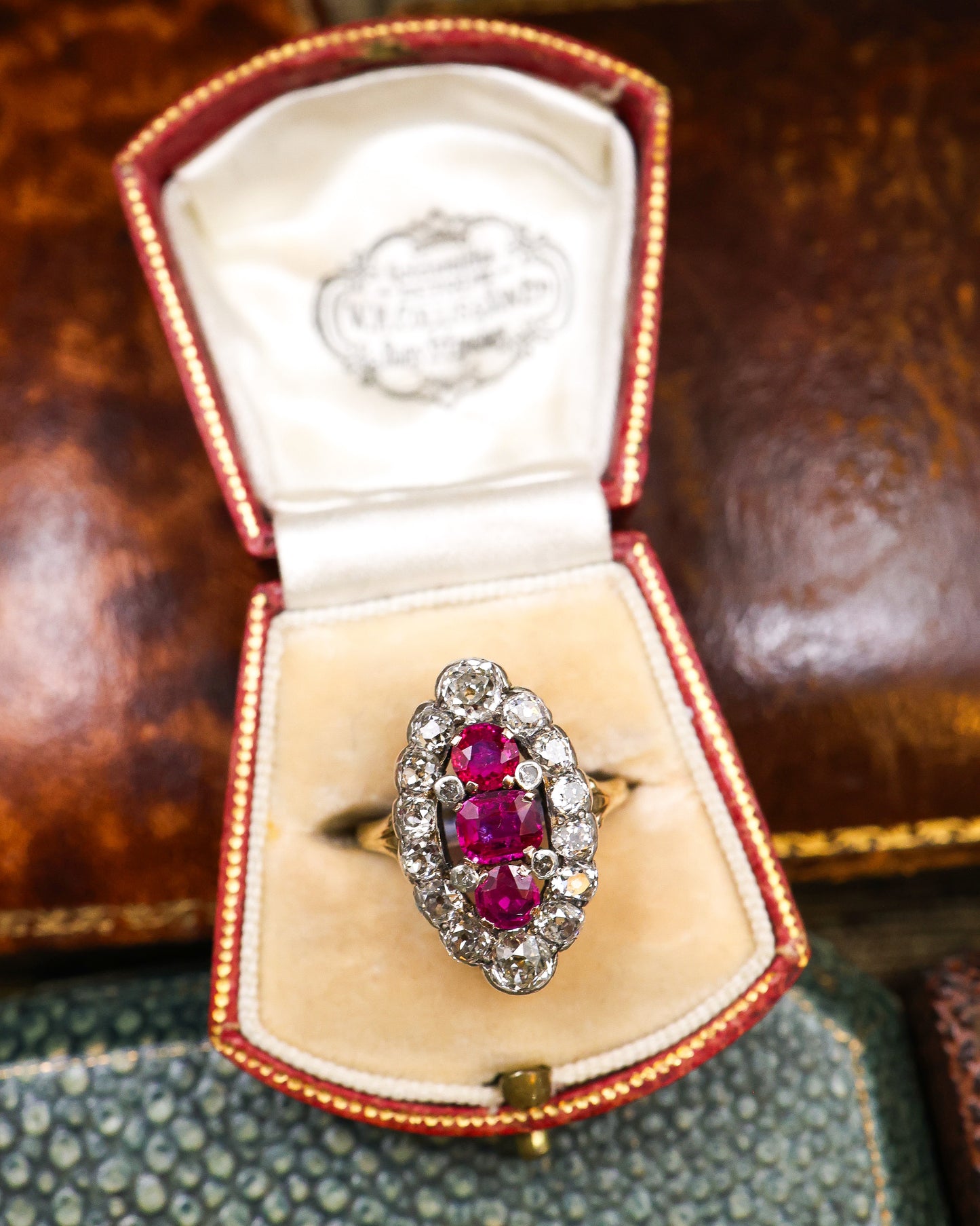 A very fine Antique 18ct Yellow Gold & Silver, Navette Shaped, Three Stone, Natural Untreated Burma Ruby & Diamond Cluster Ring. Circa 1880