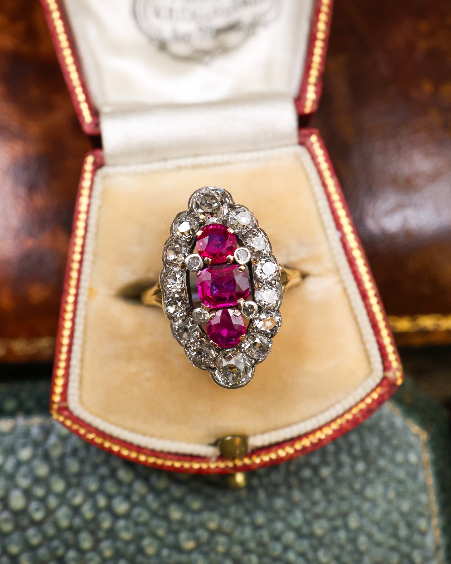 A very fine Antique 18ct Yellow Gold & Silver, Navette Shaped, Three Stone, Natural Untreated Burma Ruby & Diamond Cluster Ring. Circa 1880