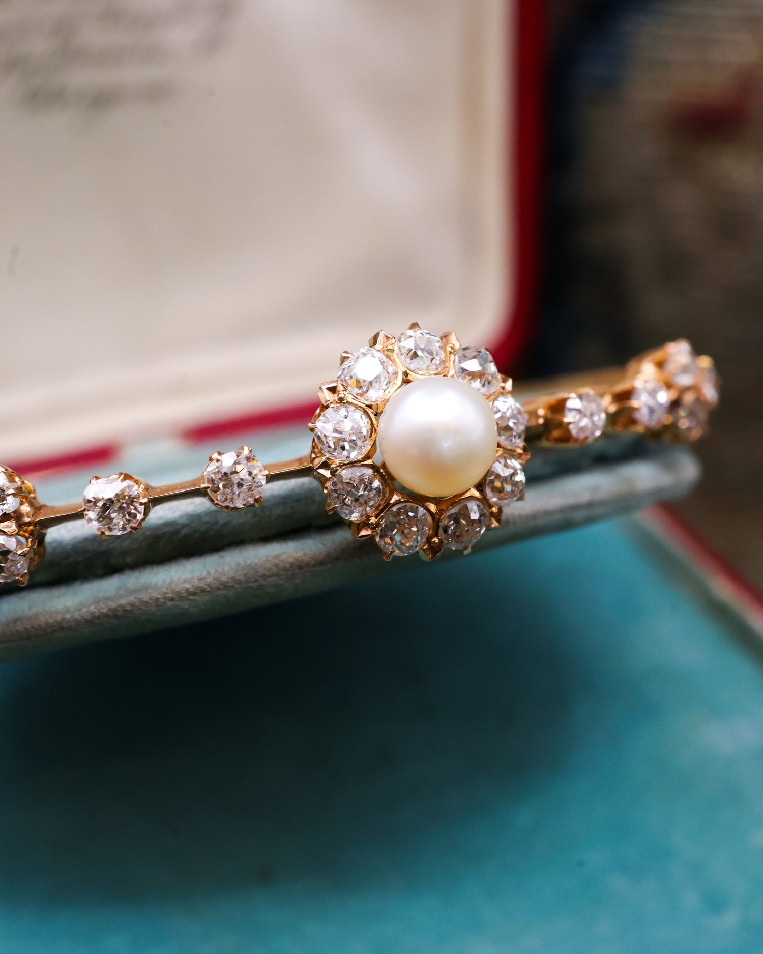 A very fine Victorian Natural Saltwater Pearl & Old European Cut, Diamond Cluster Bangle set in 15ct. Yellow Gold, English, Circa 1900. - Robin Haydock Antique Jewellery