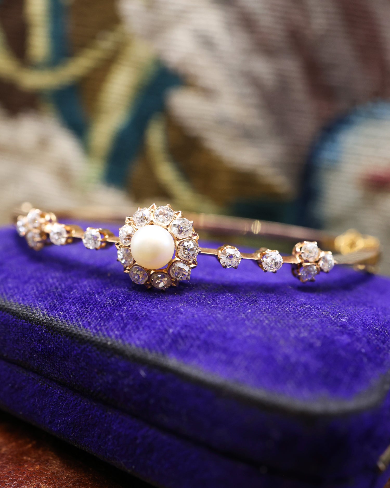 A very fine Victorian Natural Saltwater Pearl & Old European Cut, Diamond Cluster Bangle set in 15ct. Yellow Gold, English, Circa 1900. - Robin Haydock Antique Jewellery