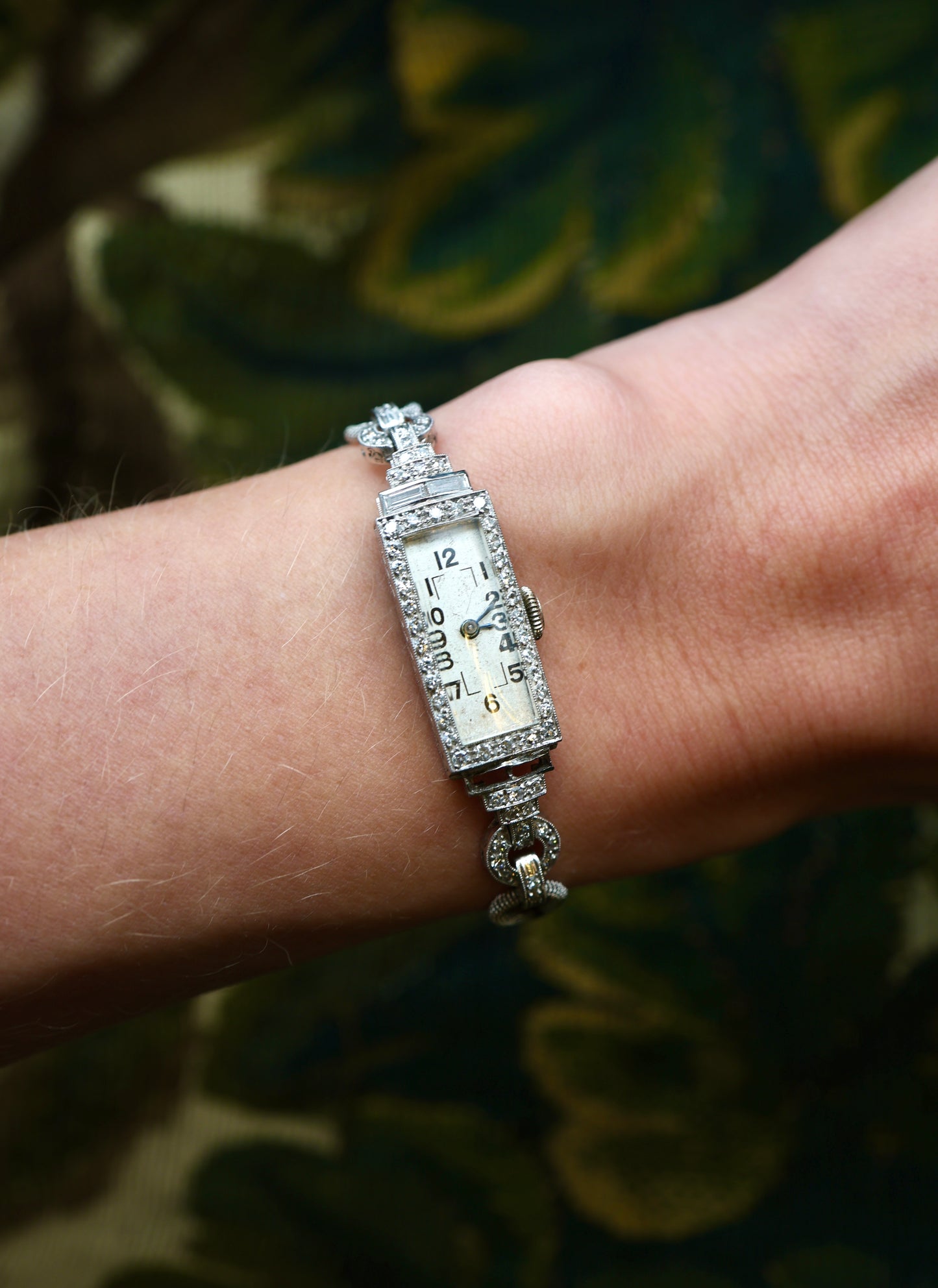 A very fine oblong "Art Deco" Diamond set Cocktail Watch in Platinum & 18ct White Gold (tested) with Diamond Step shoulders. Circa 1930 - Robin Haydock Antiques