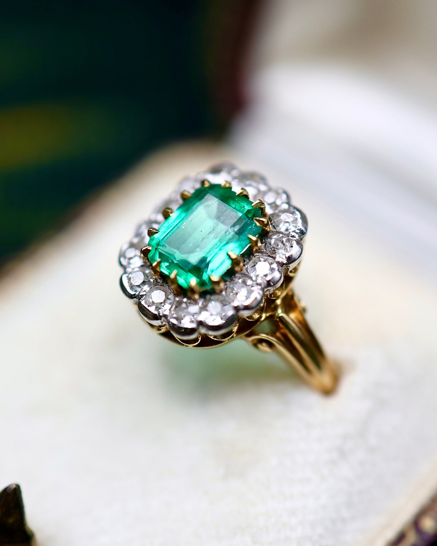 An Exquisite 18 Ct. Yellow and White Gold (tested)  Colombian Emerald & Diamond Cluster Ring - Mid 20th Century - Robin Haydock Antiques
