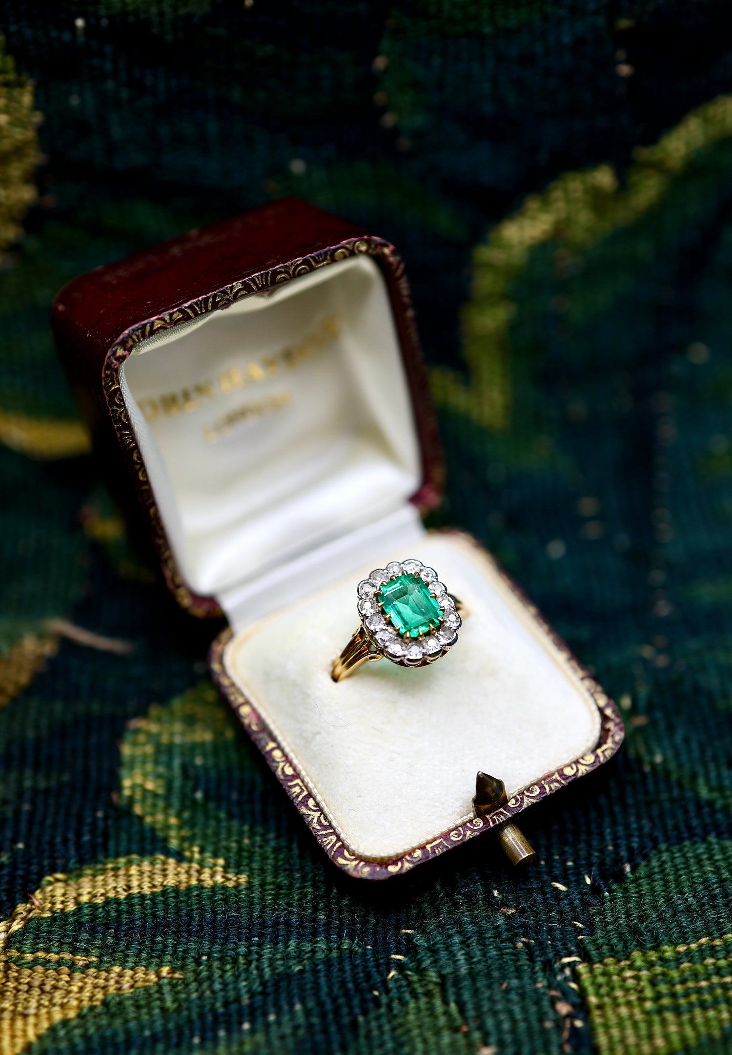 An Exquisite 18 Ct. Yellow and White Gold (tested)  Colombian Emerald & Diamond Cluster Ring - Mid 20th Century - Robin Haydock Antiques