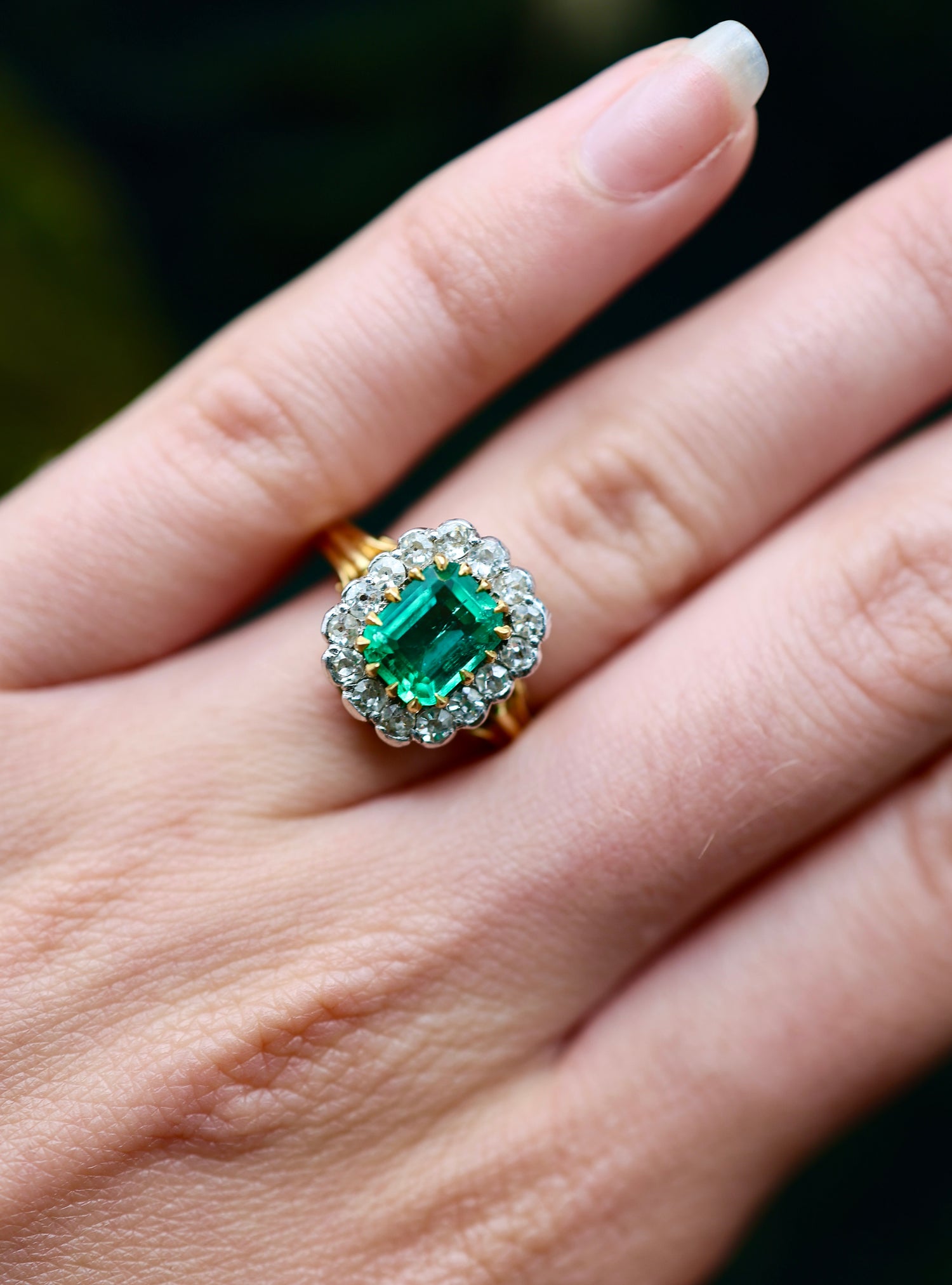 An Exquisite 18 Ct. Yellow and White Gold (tested)  Colombian Emerald & Diamond Cluster Ring - Mid 20th Century - Robin Haydock Antiques