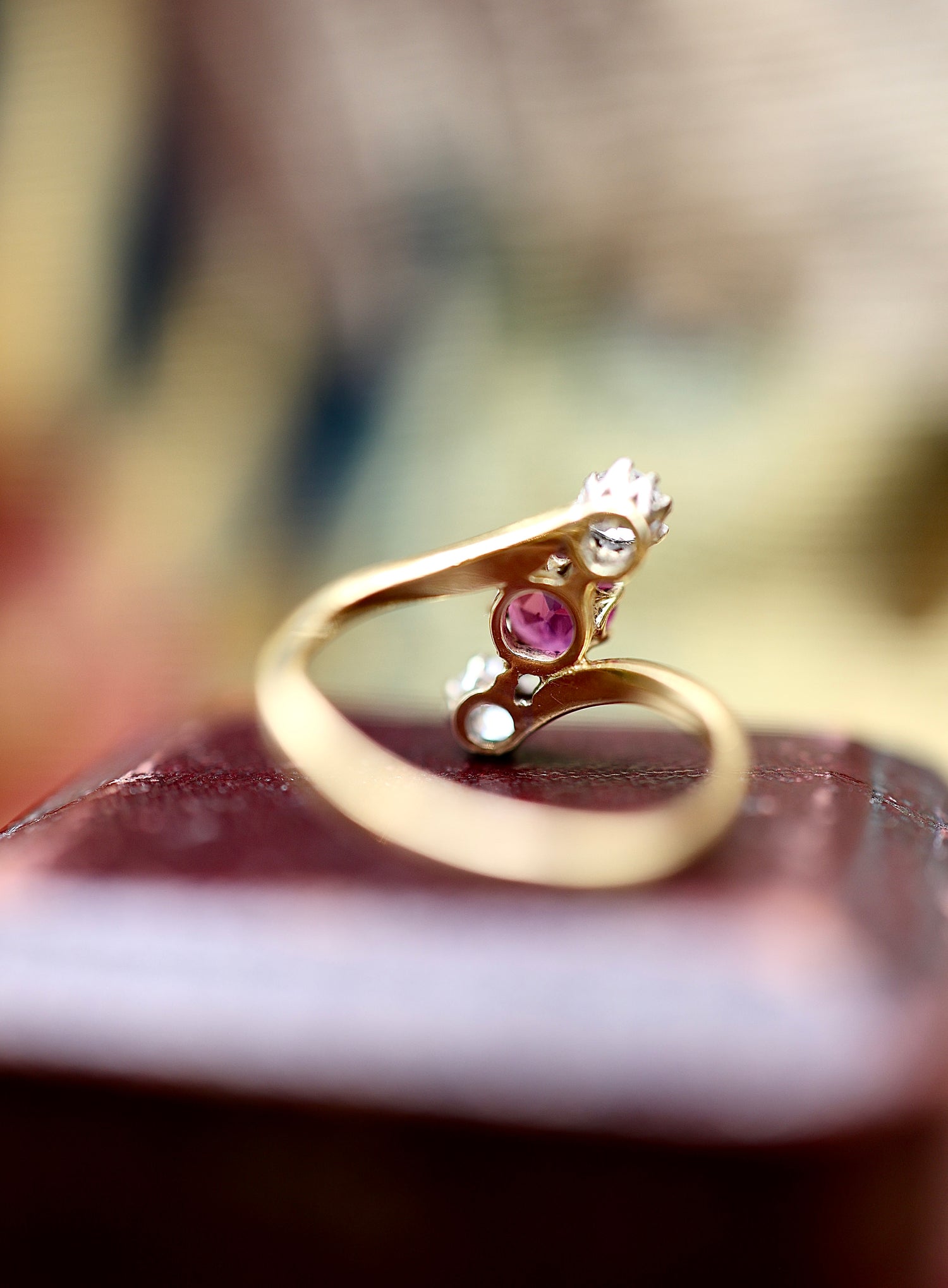A very fine Natural and Untreated, 1.20 Carat Ruby & Diamond, Three Stone Crossover Ring, in 18 Carat Yellow Gold (stamped). Circa 1930 - Robin Haydock Antiques