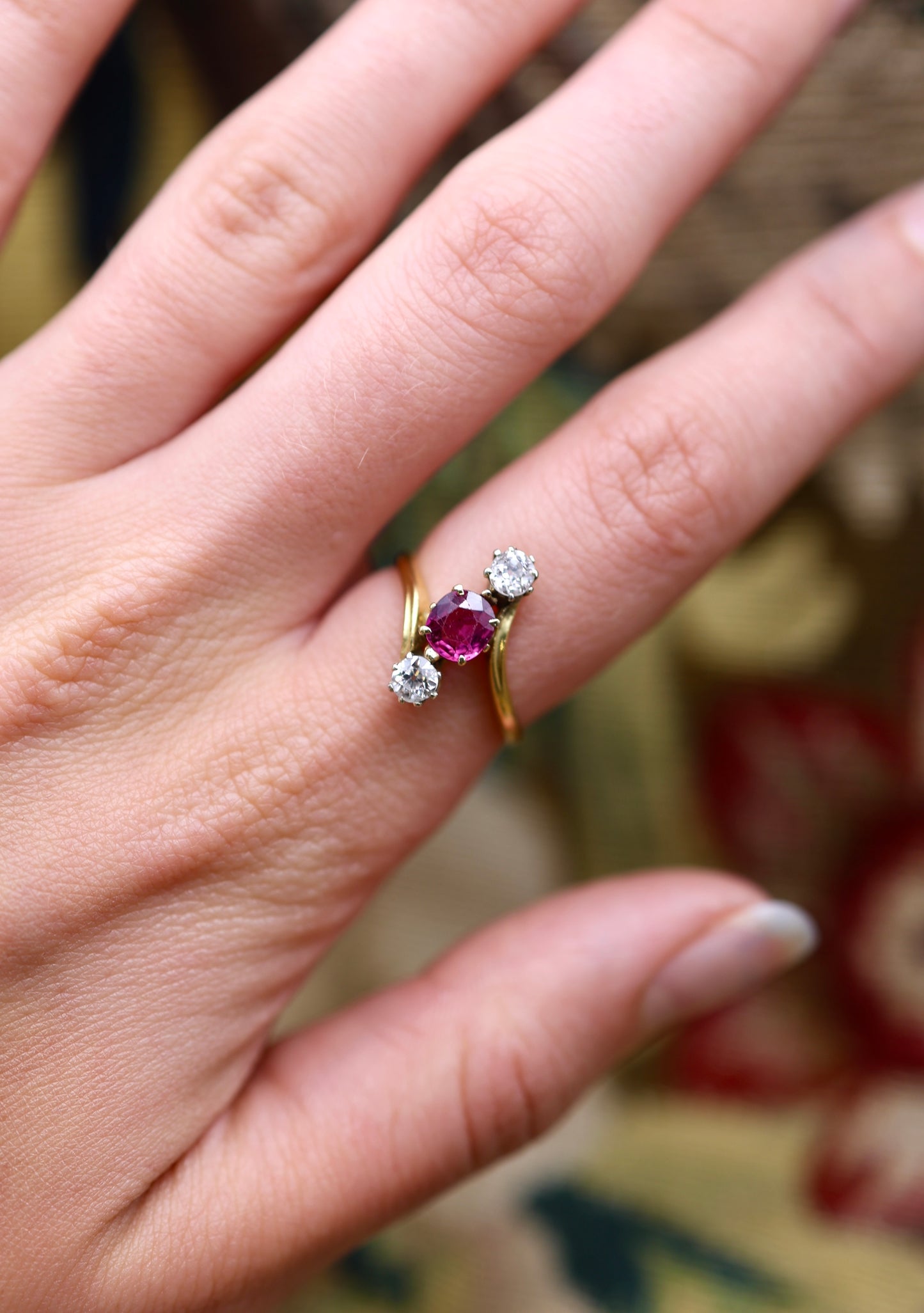 A very fine Natural and Untreated, 1.20 Carat Ruby & Diamond, Three Stone Crossover Ring, in 18 Carat Yellow Gold (stamped). Circa 1930 - Robin Haydock Antiques