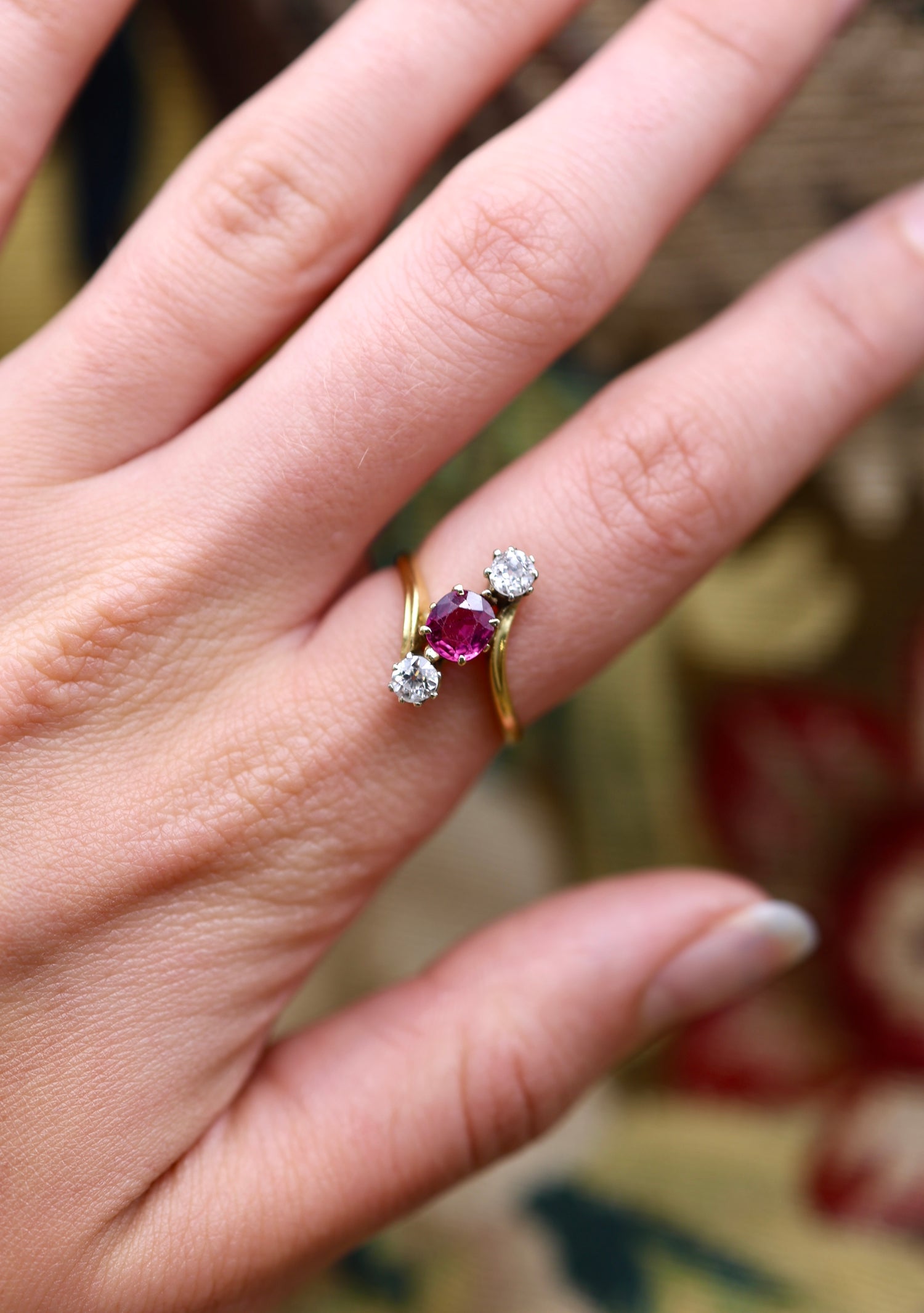 A very fine Natural and Untreated, 1.20 Carat Ruby & Diamond, Three Stone Crossover Ring, in 18 Carat Yellow Gold (stamped). Circa 1930 - Robin Haydock Antiques