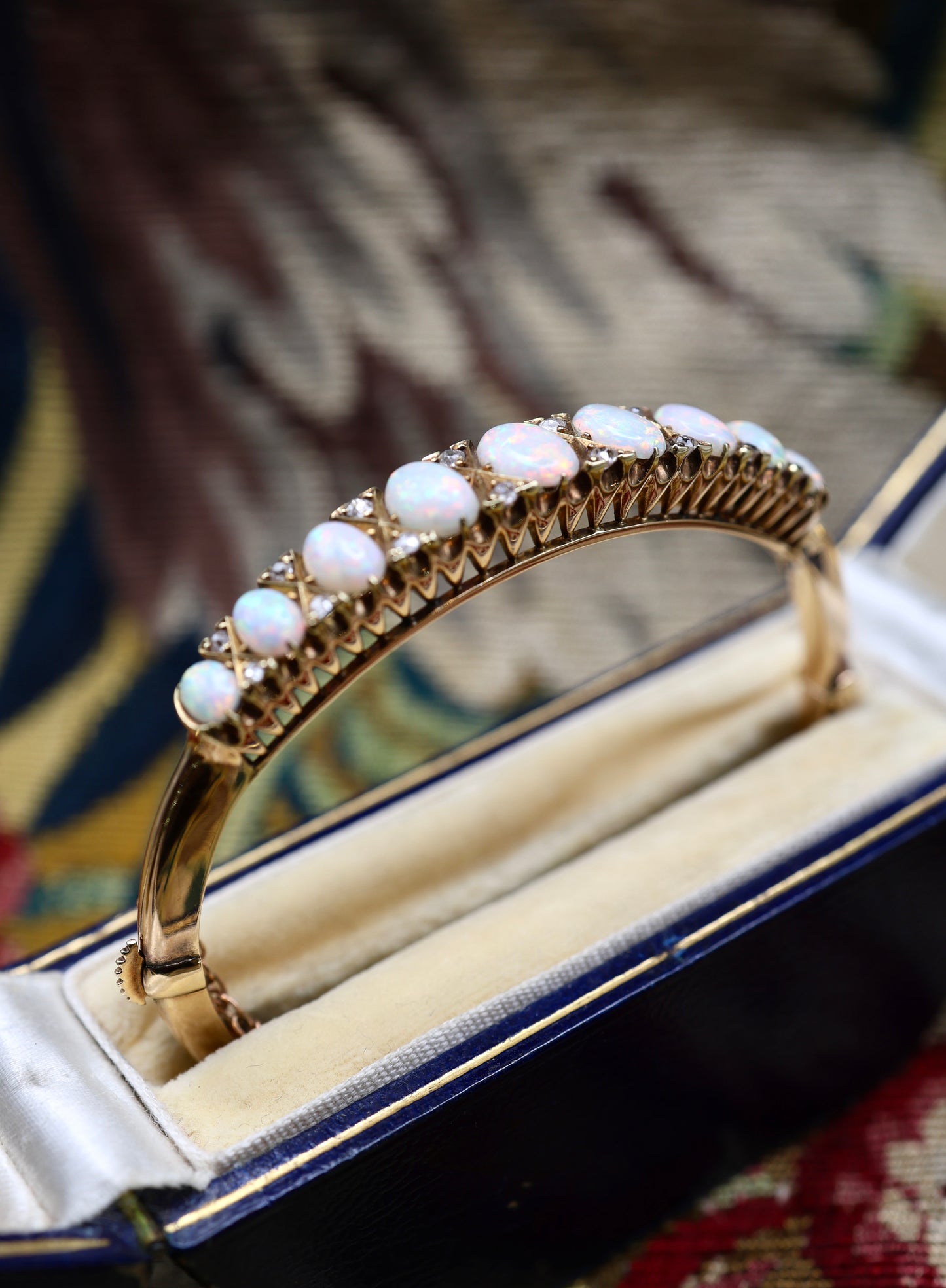 A very fine Graduated Opal and Diamond Bangle set in 15ct Yellow Gold, English, Circa 1905 - Robin Haydock Antiques