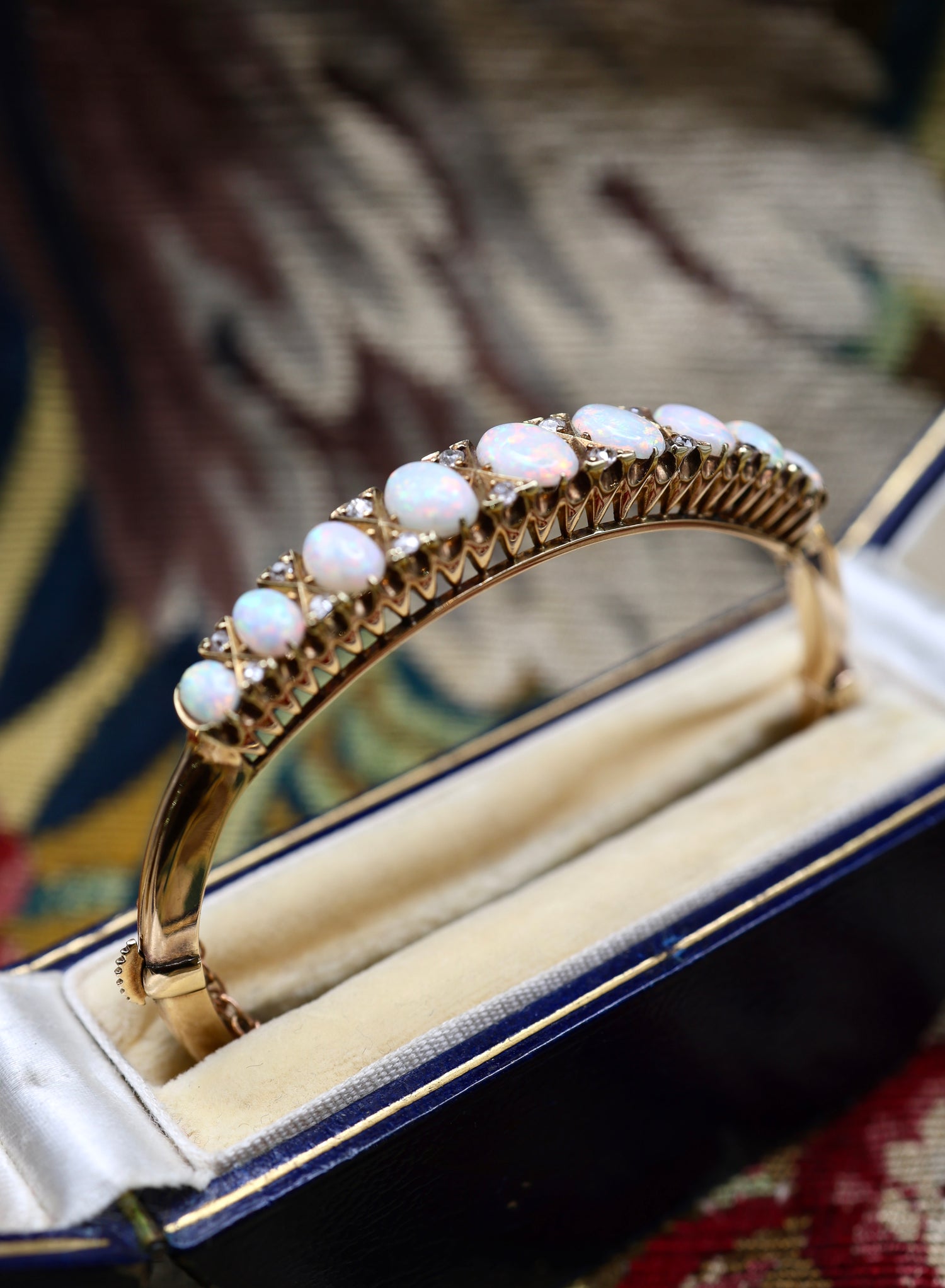 A very fine Graduated Opal and Diamond Bangle set in 15ct Yellow Gold, English, Circa 1905 - Robin Haydock Antiques