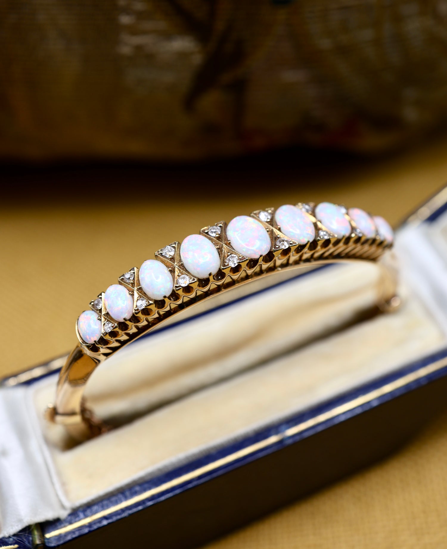 A very fine Graduated Opal and Diamond Bangle set in 15ct Yellow Gold, English, Circa 1905 - Robin Haydock Antiques