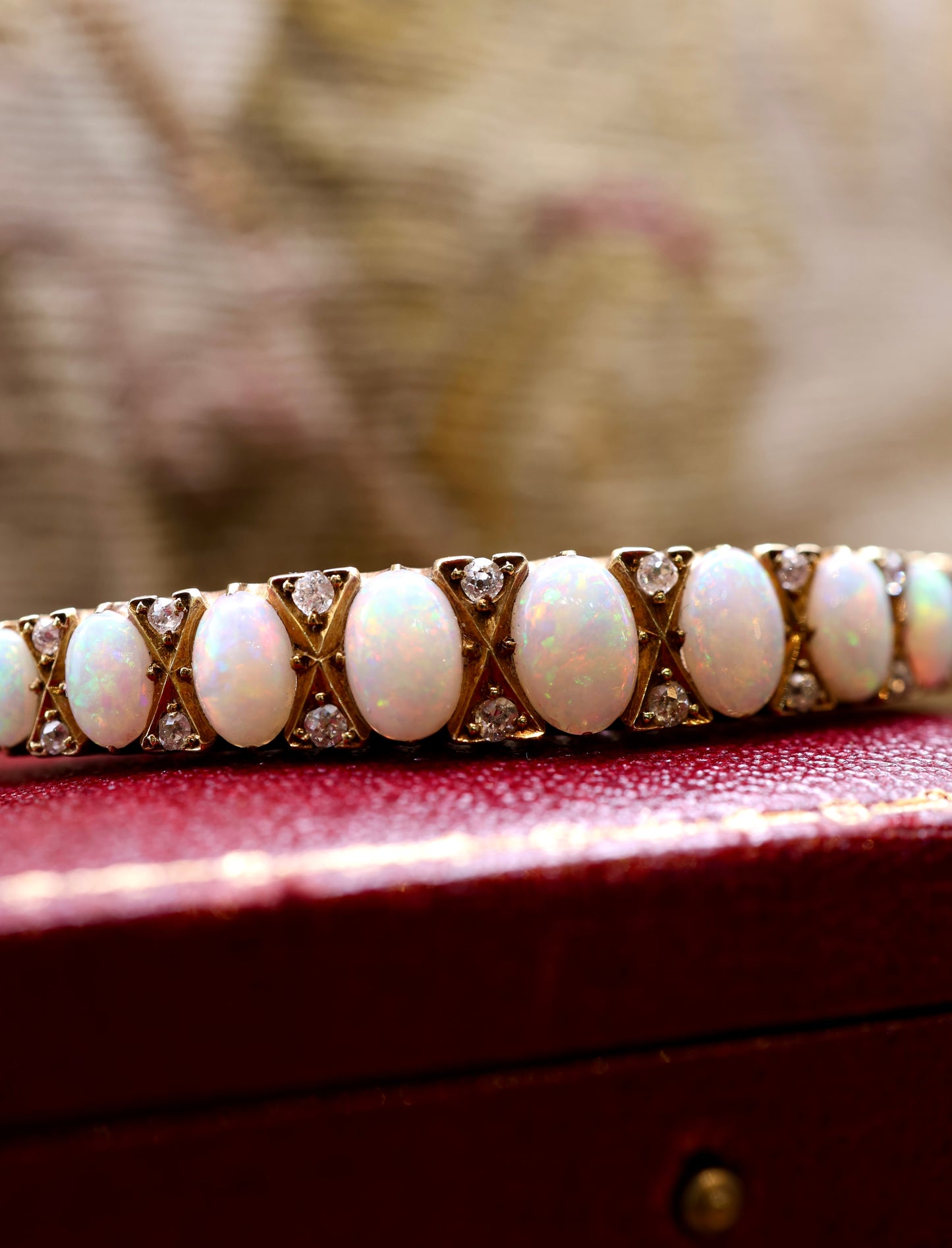A very fine Graduated Opal and Diamond Bangle set in 15ct Yellow Gold, English, Circa 1905 - Robin Haydock Antiques