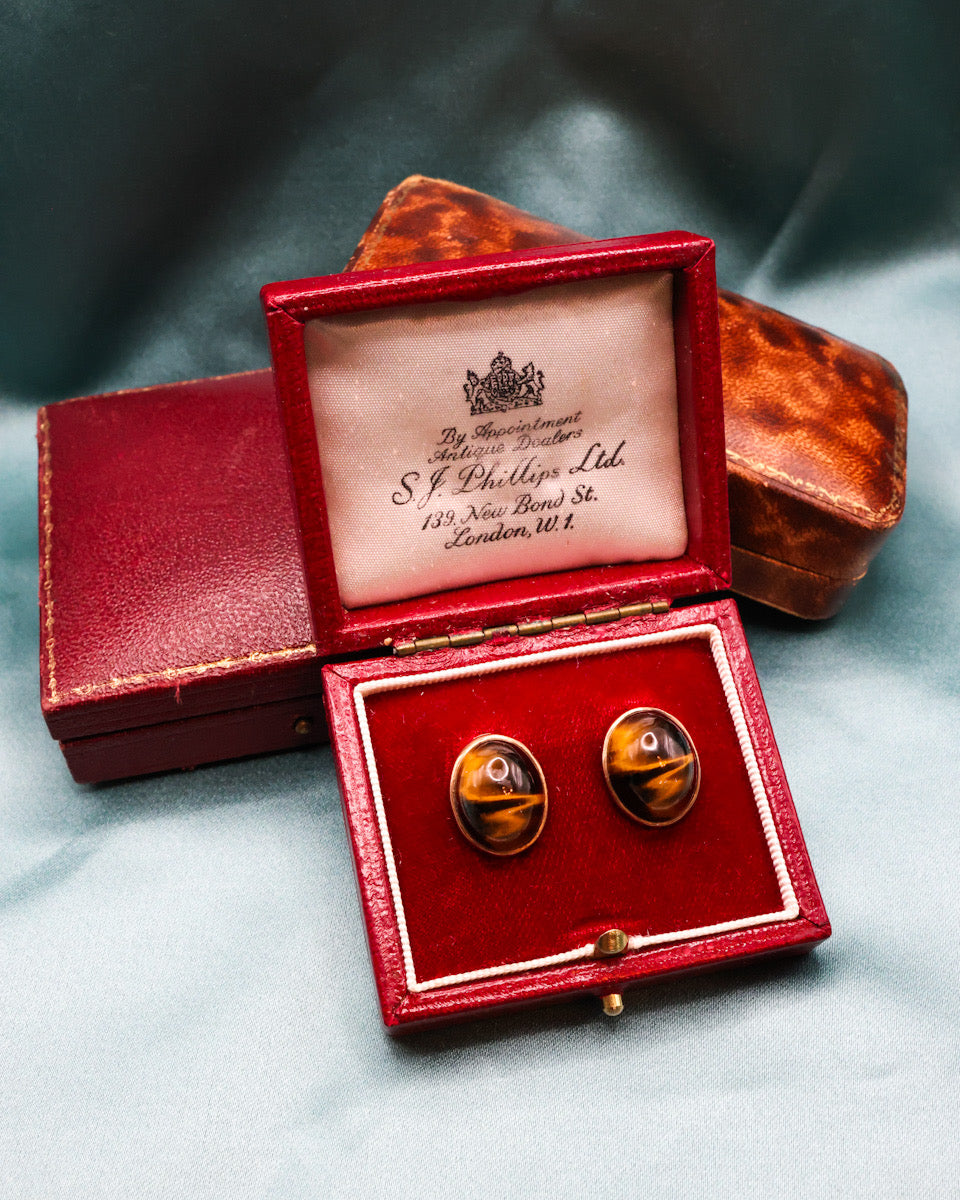 A fine pair of Vintage Oval "Tigers Eye" Earrings set in 9ct Yellow Gold, English, Circa 1950 - Robin Haydock Antiques