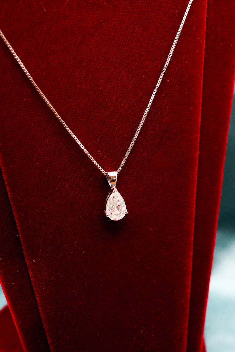 A very fine Pear Shaped  Diamond Pendant, independently assessed as being of 1.81 Carats (weighed), G Colour and SI Clarity, on an 18 Carat (marked) White Gold Chain. - Robin Haydock Antiques