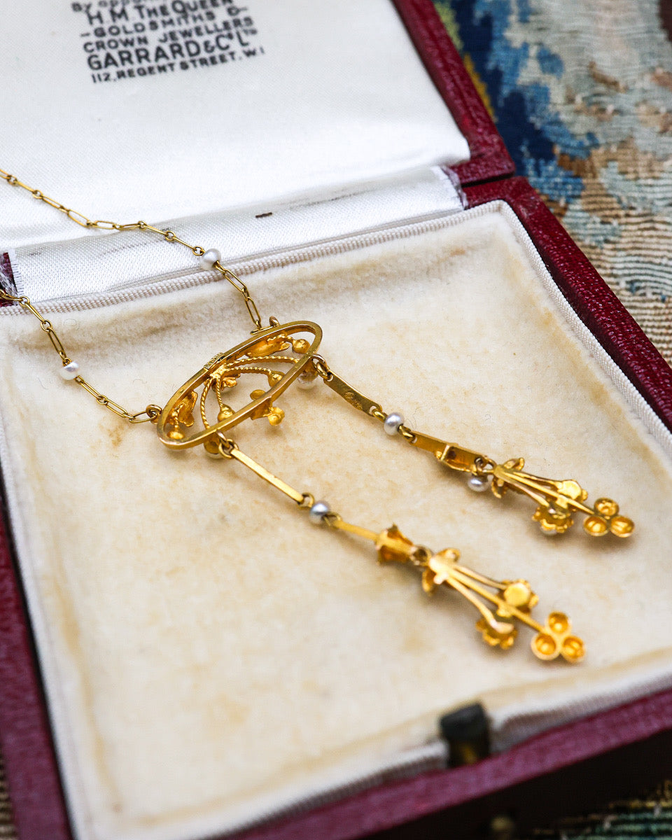 A very fine Antique Art Nouveau French 18ct Yellow Gold Negligee style seed pearl Pendant/Necklace Circa 1900 - Robin Haydock Antiques