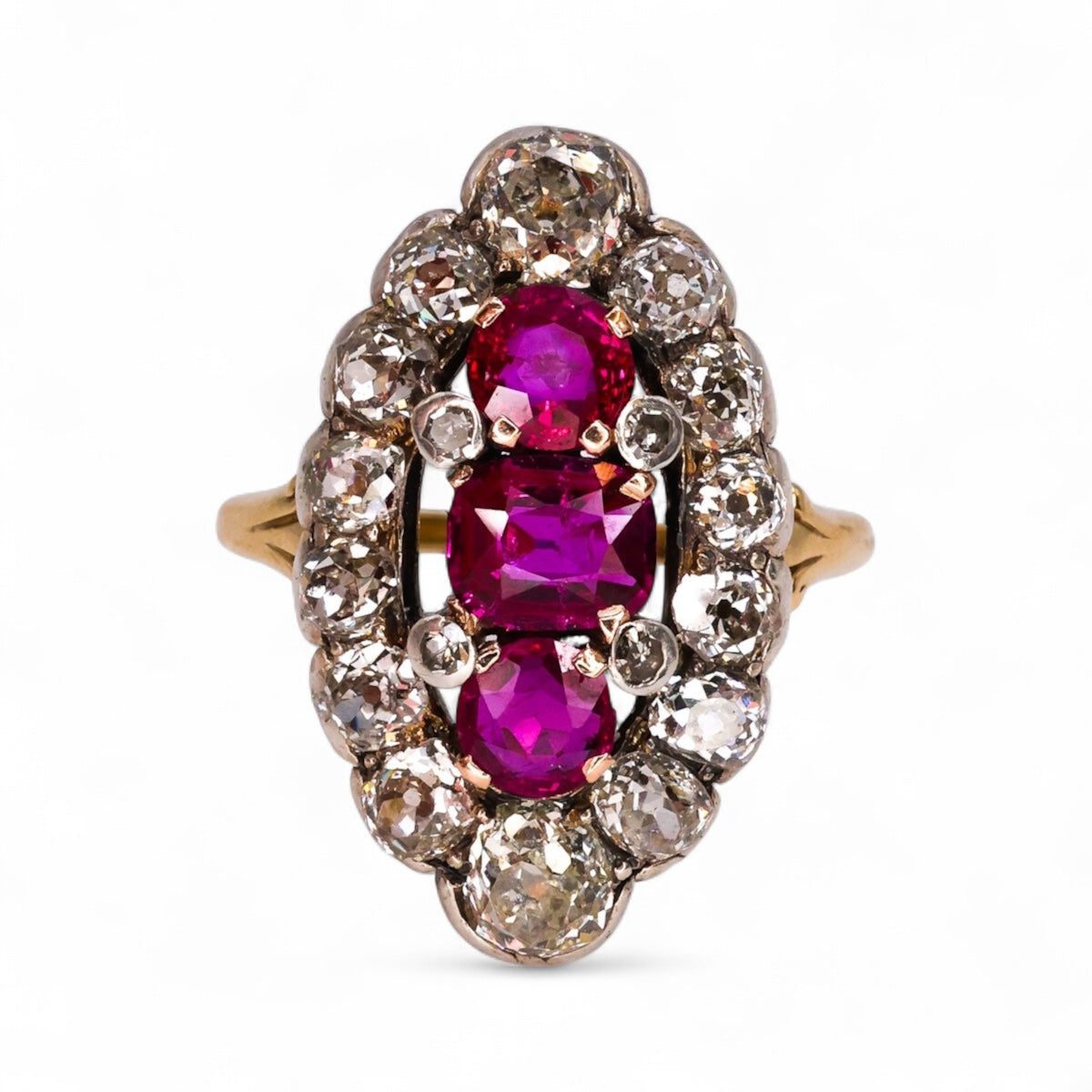 A very fine Antique 18ct Yellow Gold & Silver, Navette Shaped, Three Stone, Natural Untreated Burma Ruby & Diamond Cluster Ring. Circa 1880