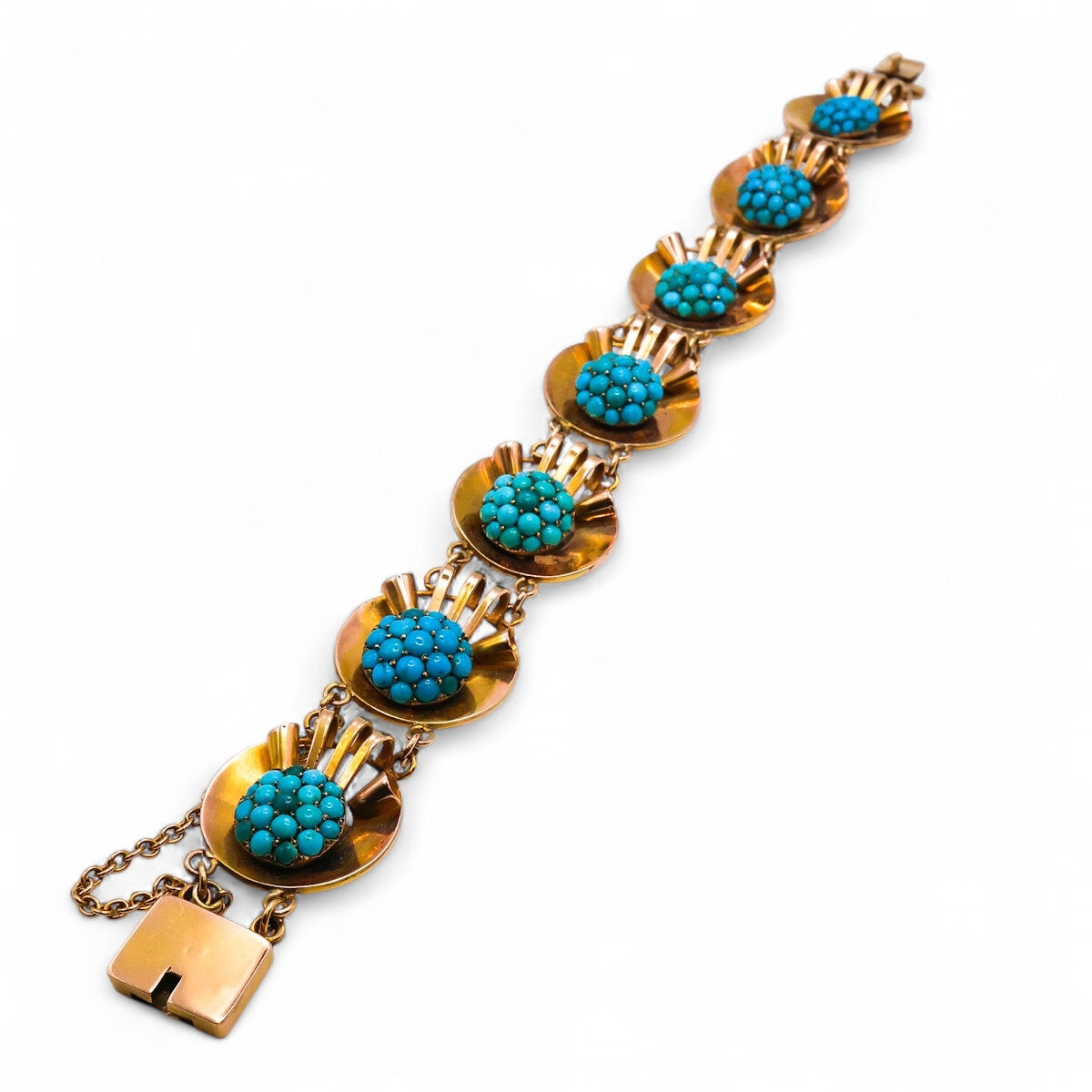 A beautifully stylised Antique 15ct Yellow Gold & Turquoise Bracelet. Circa 1930