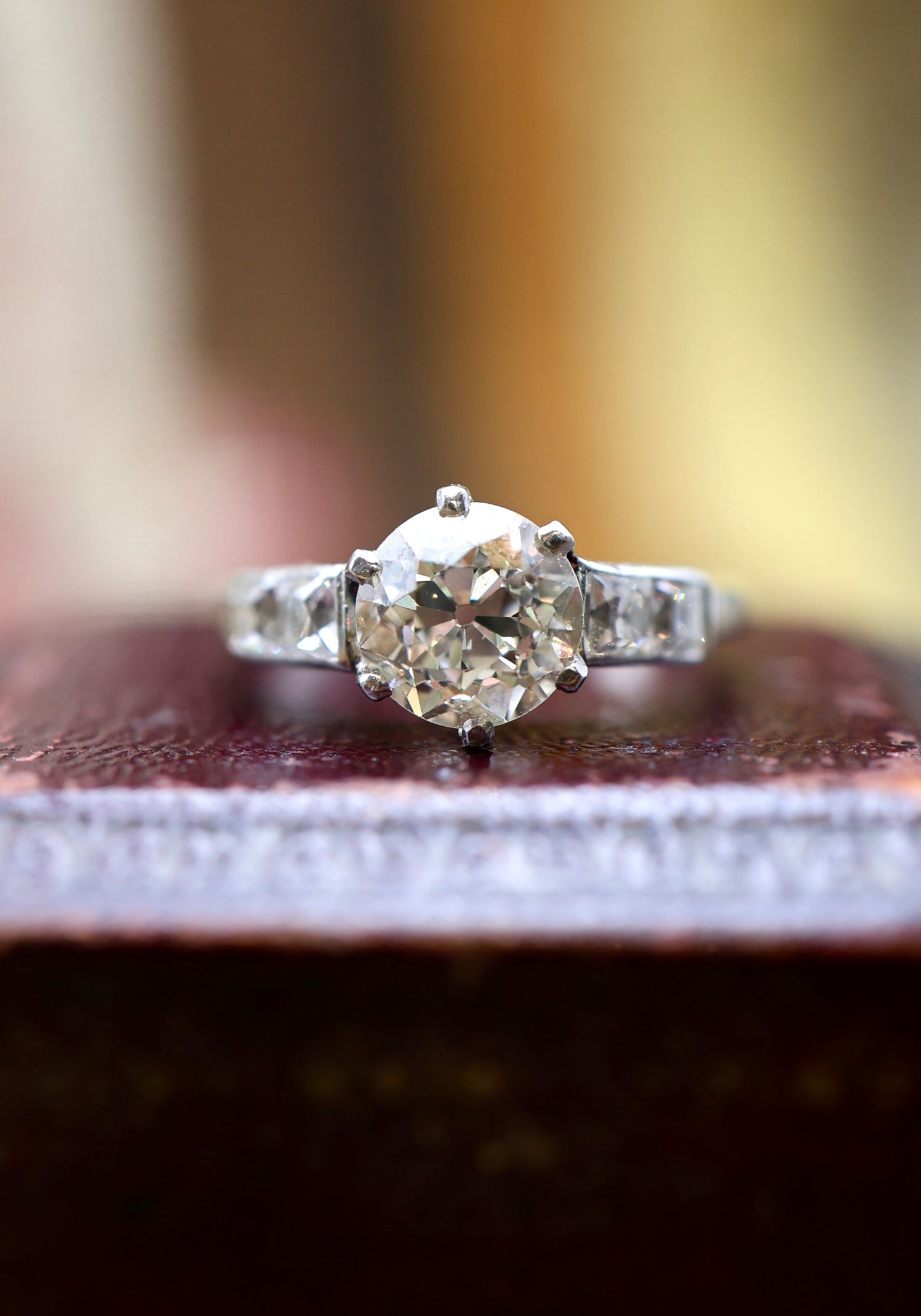 A very fine Antique 1.60 Carat Old Cut Diamond & Platinum Solitaire Engagement Ring with French Cut Diamond Shoulders, English, Circa 1930 - Robin Haydock Antiques