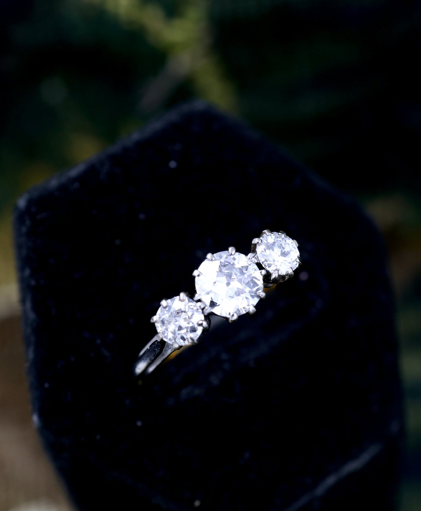 An  exceptional 1.27 Carat, F Colour, Old European Cut, Three Stone Diamond Ring, in Platinum Tipped 22 ct. Yellow Gold (Marked). - Robin Haydock Antiques