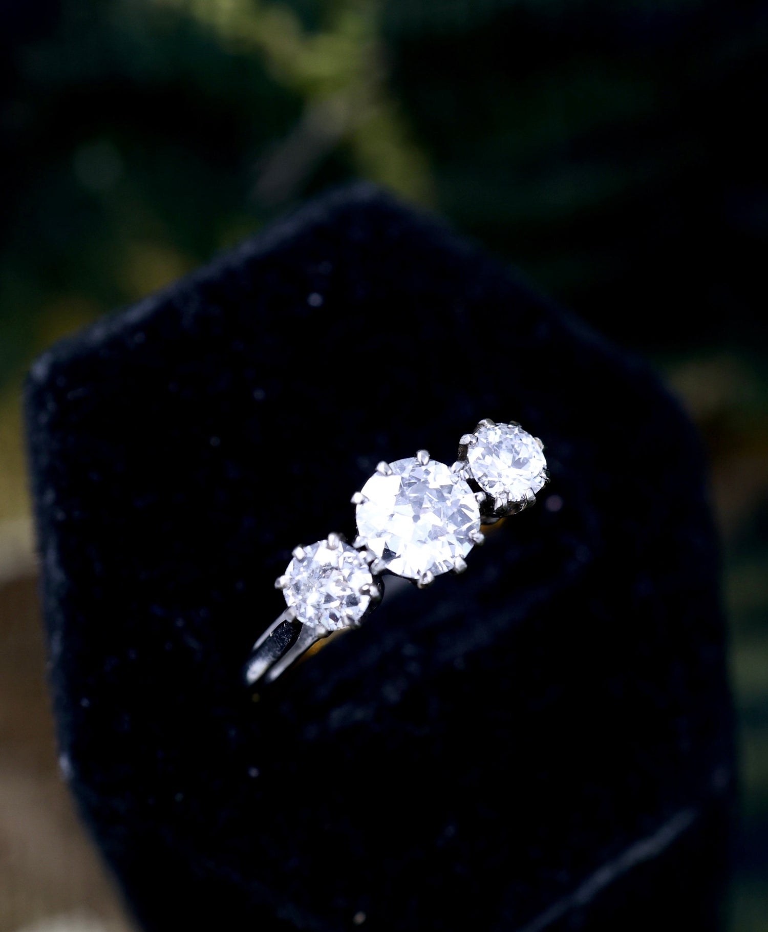 An  exceptional 1.27 Carat, F Colour, Old European Cut, Three Stone Diamond Ring, in Platinum Tipped 22 ct. Yellow Gold (Marked). - Robin Haydock Antiques