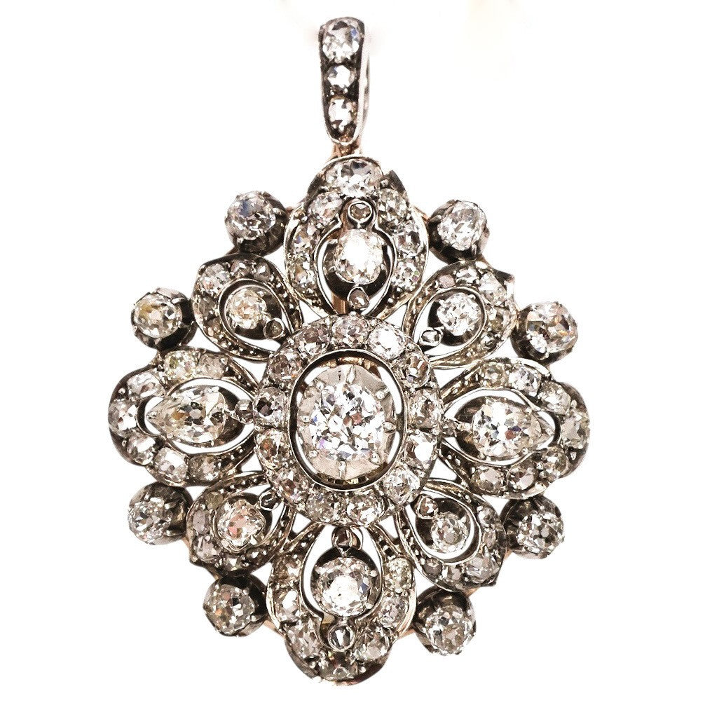 An Antique, 15 ct Yellow Gold, Silver Tipped  9.60 Carat Diamond Pendant / Brooch / Hair Ornament, English Circa 1870. - Robin Haydock Antique Jewellery