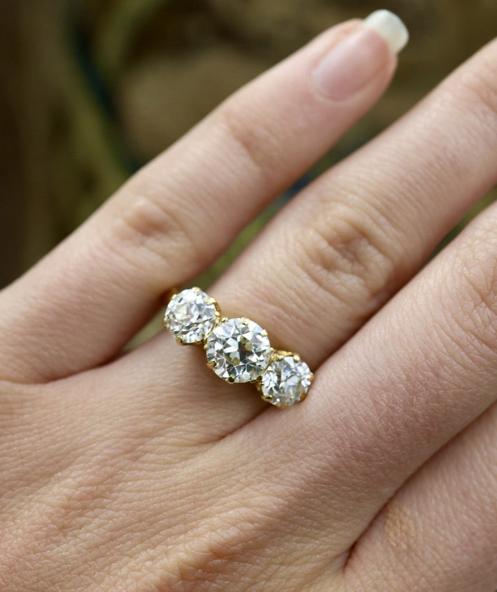 A very Fine Antique 18ct Yellow Gold 2.87 Carat, Three Stone Diamond Engagement Ring Circa 1900 - Robin Haydock Antiques