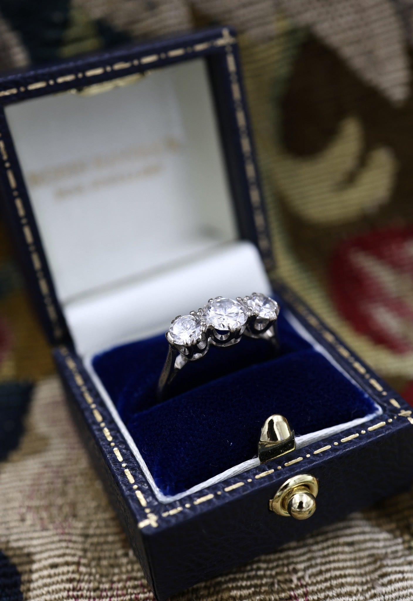 An exceptional 18ct White Gold (hallmarked), 1.55 Carat Three Stone Diamond Engagement Ring by Cropp & Farr Ltd.  Circa 1971 - Robin Haydock Antiques