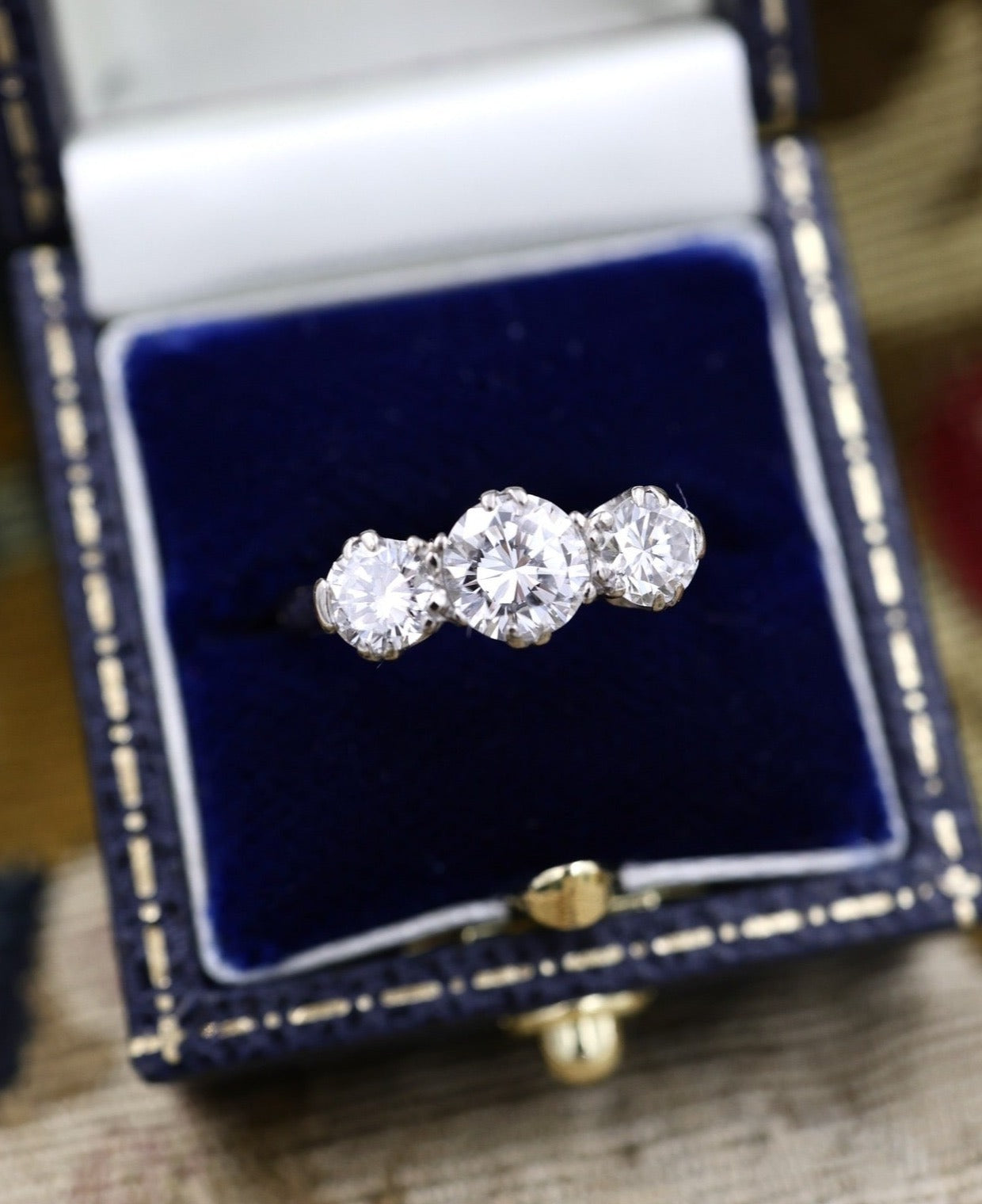 An exceptional 18ct White Gold (hallmarked), 1.55 Carat Three Stone Diamond Engagement Ring by Cropp & Farr Ltd.  Circa 1971 - Robin Haydock Antiques