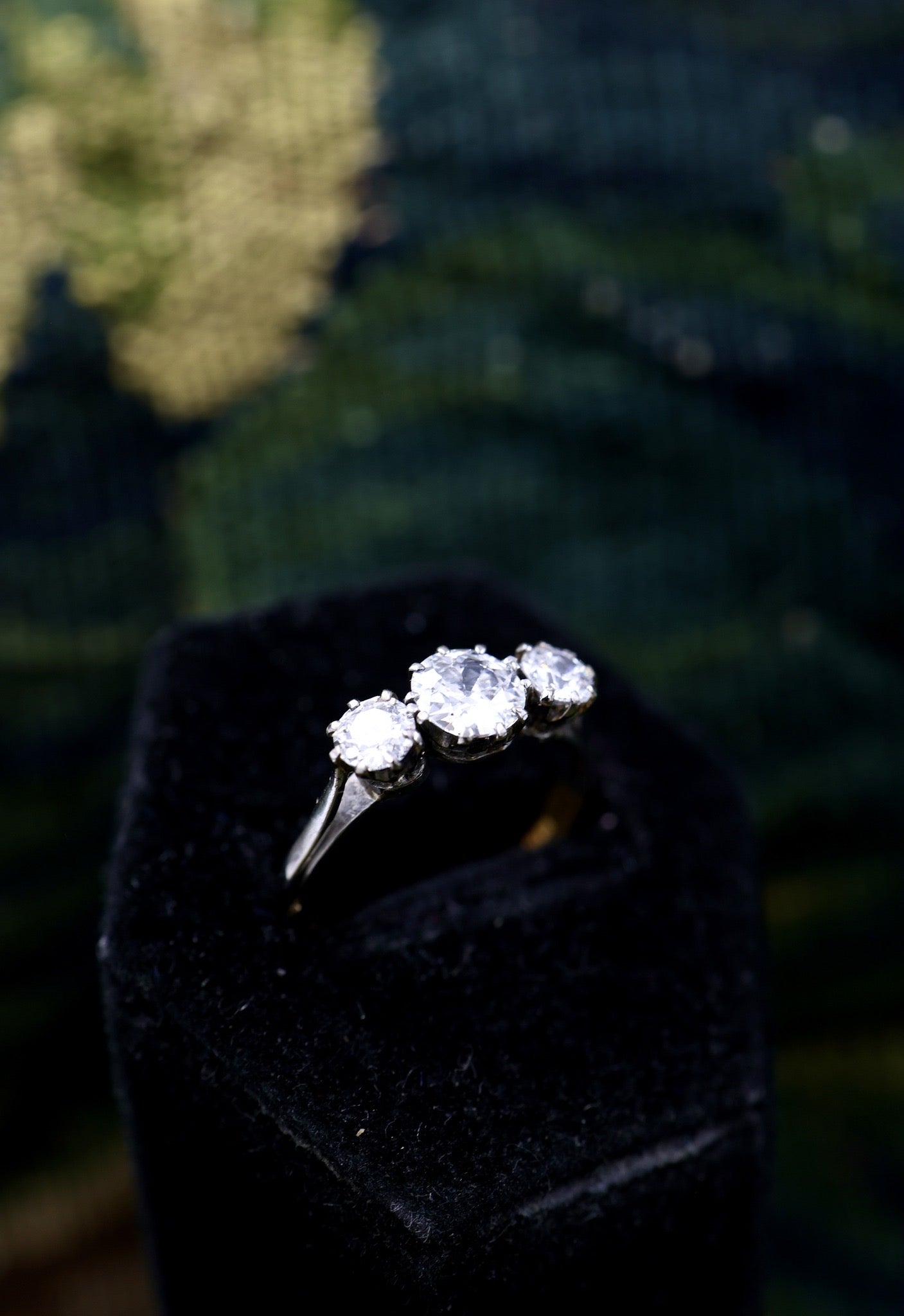 An  exceptional 1.27 Carat, F Colour, Old European Cut, Three Stone Diamond Ring, in Platinum Tipped 22 ct. Yellow Gold (Marked). - Robin Haydock Antiques