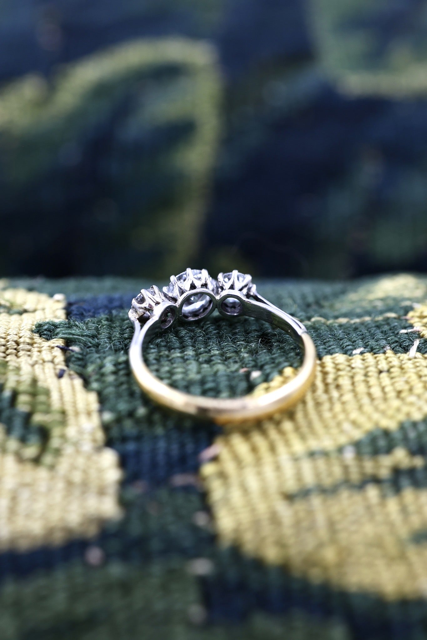 An  exceptional 1.27 Carat, F Colour, Old European Cut, Three Stone Diamond Ring, in Platinum Tipped 22 ct. Yellow Gold (Marked). - Robin Haydock Antiques