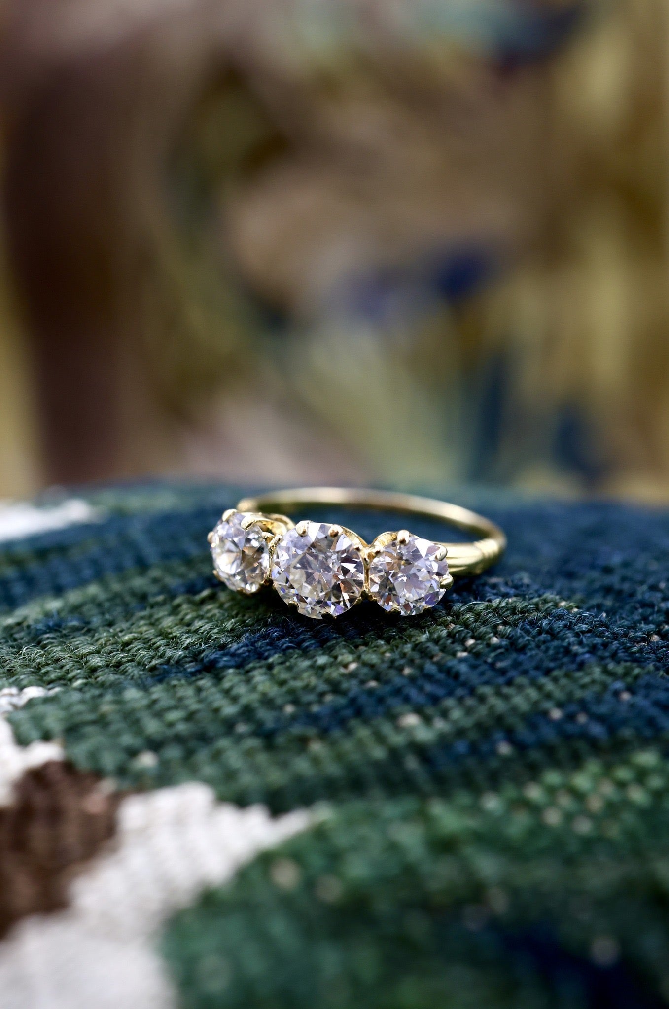 A very Fine Antique 18ct Yellow Gold 2.87 Carat, Three Stone Diamond Engagement Ring Circa 1900 - Robin Haydock Antiques