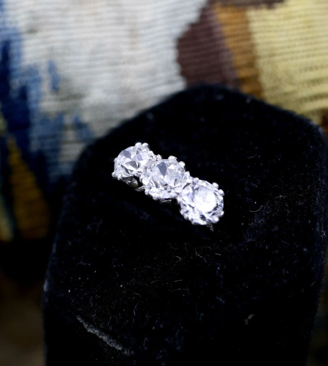 A very fine 18 carat White Gold (stamped), Three Stone Engagement Ring set with 2.25 Carats of Old Cut E - F Colour, VS Clarity Diamonds. Pre-owned. - Robin Haydock Antiques